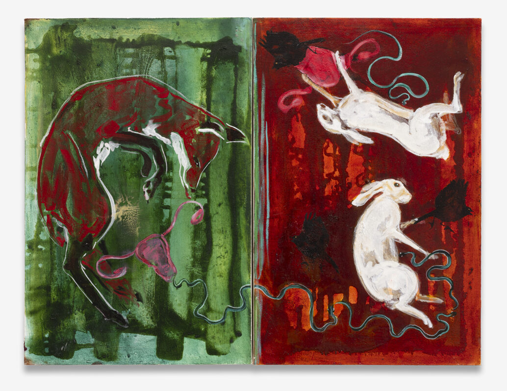 <p>Julie Buffalohead<br /><em>The Lick</em>, 2024<br />Oil on canvas<br />Overall: 27 1/2 x 36 x 1 3/4 inches / 69.85 x 91.44 x 4.4 cm<br />Individual: 27 1/2 x 18 x 1 3/4 inches / 69.85 x 45.7 x 4.4 cm</p>
