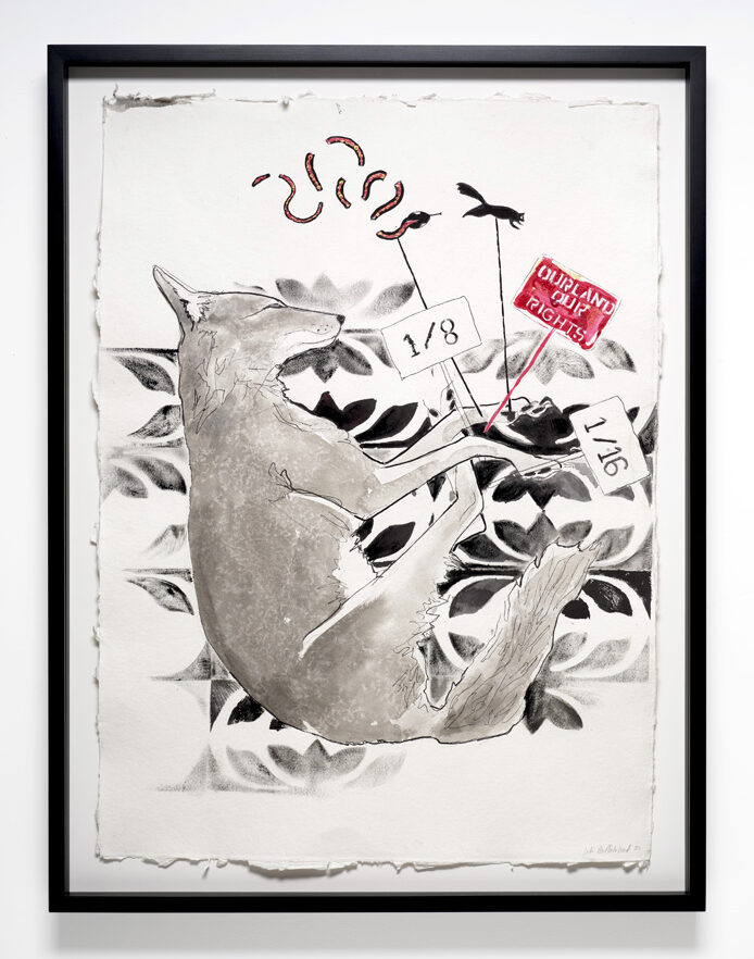 <p>Julie Buffalohead<br /><em>Our Land Our Rights</em>, 2025<br />Ink and gouache on handmade watercolor paper<br />Framed: 33 3/4 x 25 1/2 x 1 3/4 inches / 85.7 x 64.8 x 4.4 cm</p>