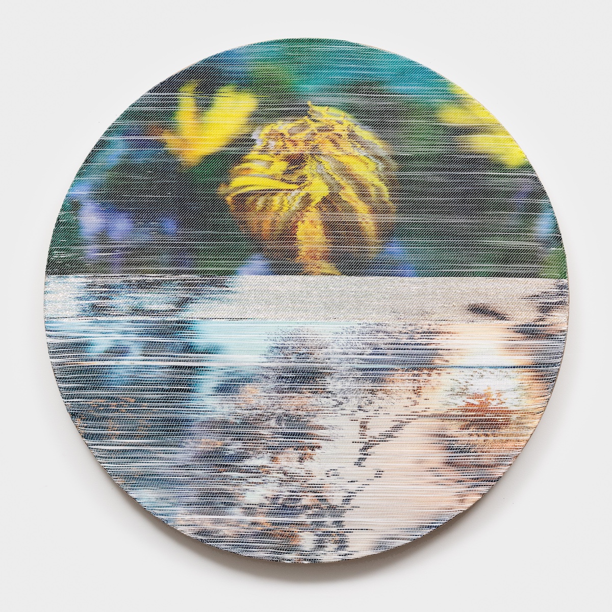 <p>Margo Wolowiec<br /><em>Dandelion Honey</em>, 2025<br />Handwoven polymer, linen, sterling silver-leafed thread, dye sublimation ink, mounted on hemp support<br />40 x 40 x 2 inches / 101.6 x 101.6 x 5.1 cm</p>

