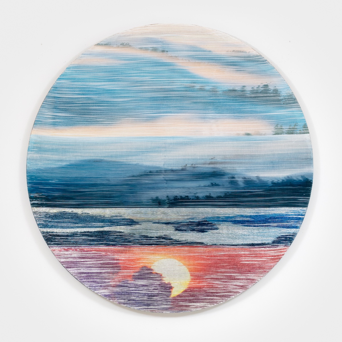 <p>Margo Wolowiec<br /><em>Golden Fog</em>, 2025<br />Handwoven polymer, linen, sterling silver-leafed thread, indigo, dye sublimation ink, mounted on indigo dyed hemp support<br />56 x 56 x 2 inches / 142.2 x 142.2 x 5.1 cm</p>
