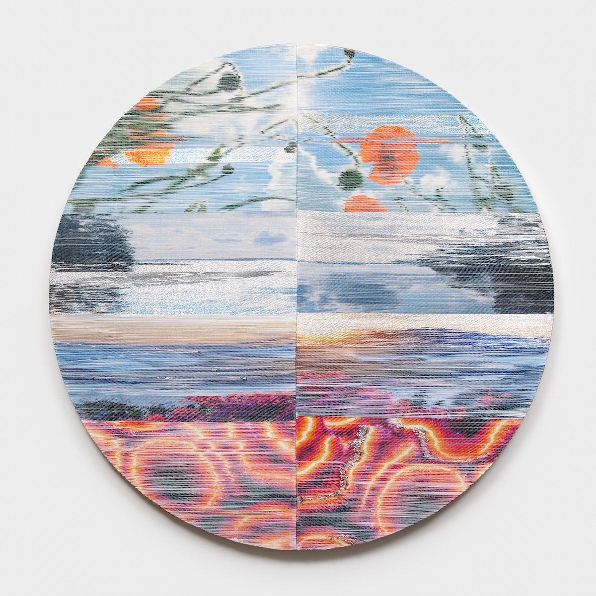 <p>Margo Wolowiec<br /><em>In Peace</em>, 2025<br />Handwoven polymer, linen, sterling silver-leafed thread, strips of mylar rescue blankets from emergency preparedness kits, dye sublimation ink, mounted on hemp support<br />80 x 80 x 2 inches / 203.2 x 203.2 x 5.1 cm</p>
