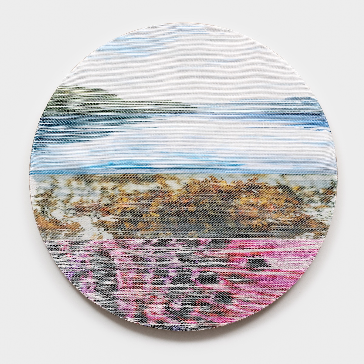 <p>Margo Wolowiec<br /><em>Lionfish</em>, 2025<br />Handwoven polymer, linen, sterling silver-leafed thread, dye sublimation ink, mounted on hemp support<br />40 x 40 x 2 inches / 101.6 x 101.6 x 5.1 cm</p>
