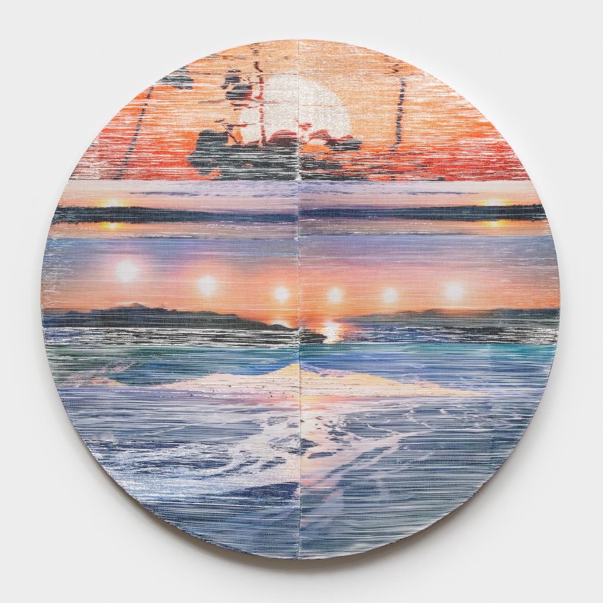 <p>Margo Wolowiec<br /><em>Midnight Sun</em>, 2025<br />Handwoven polymer, linen, sterling silver-leafed thread, strips of mylar rescue blankets from emergency preparedness kits, dye sublimation ink, mounted on hemp support<br />80 x 80 x 2 inches / 203.2 x 203.2 x 5.1 cm</p>
