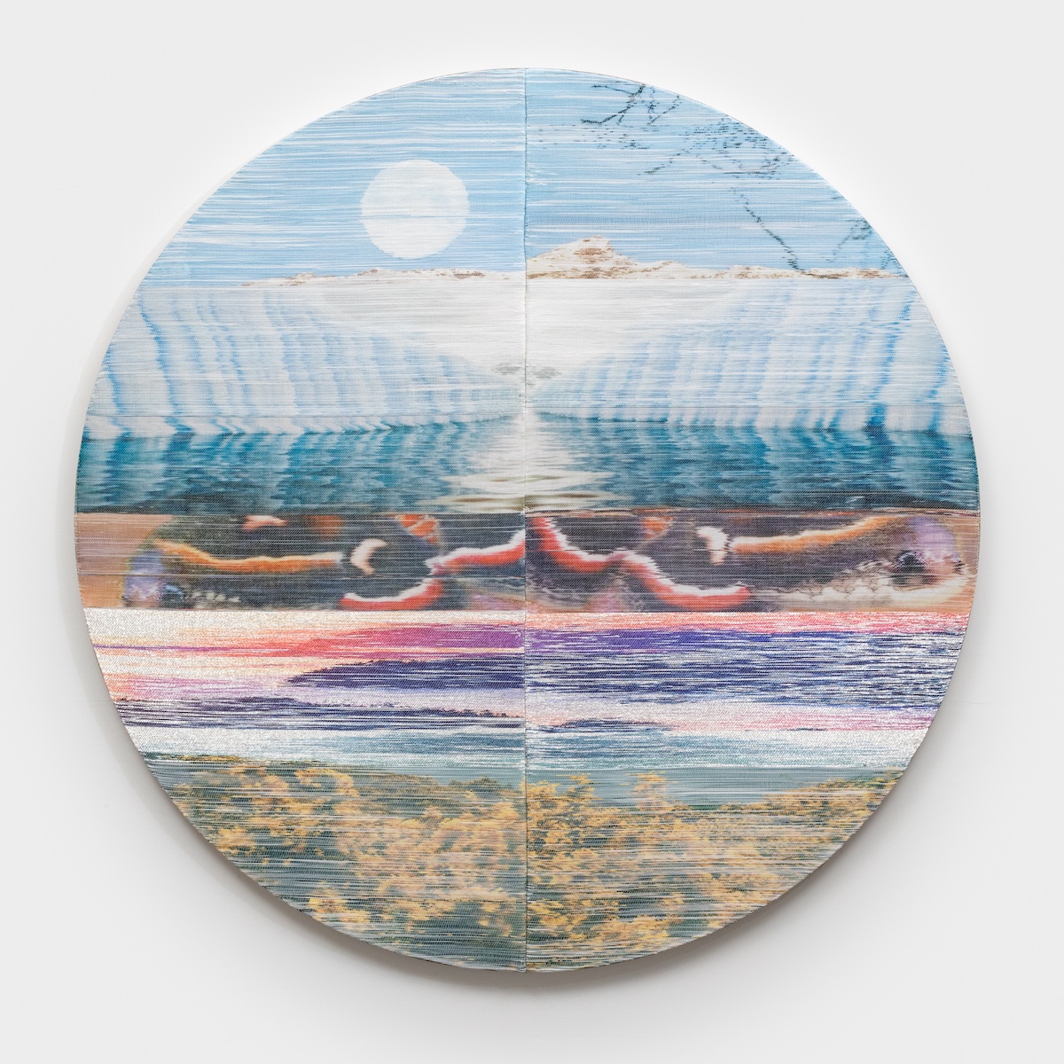 <p>Margo Wolowiec<br /><em>Sentinels</em>, 2025<br />Handwoven polymer, linen, sterling silver-leafed thread, dye sublimation ink, mounted on hemp support<br />80 x 80 x 2 inches / 203.2 x 203.2 x 5.1 cm</p>
