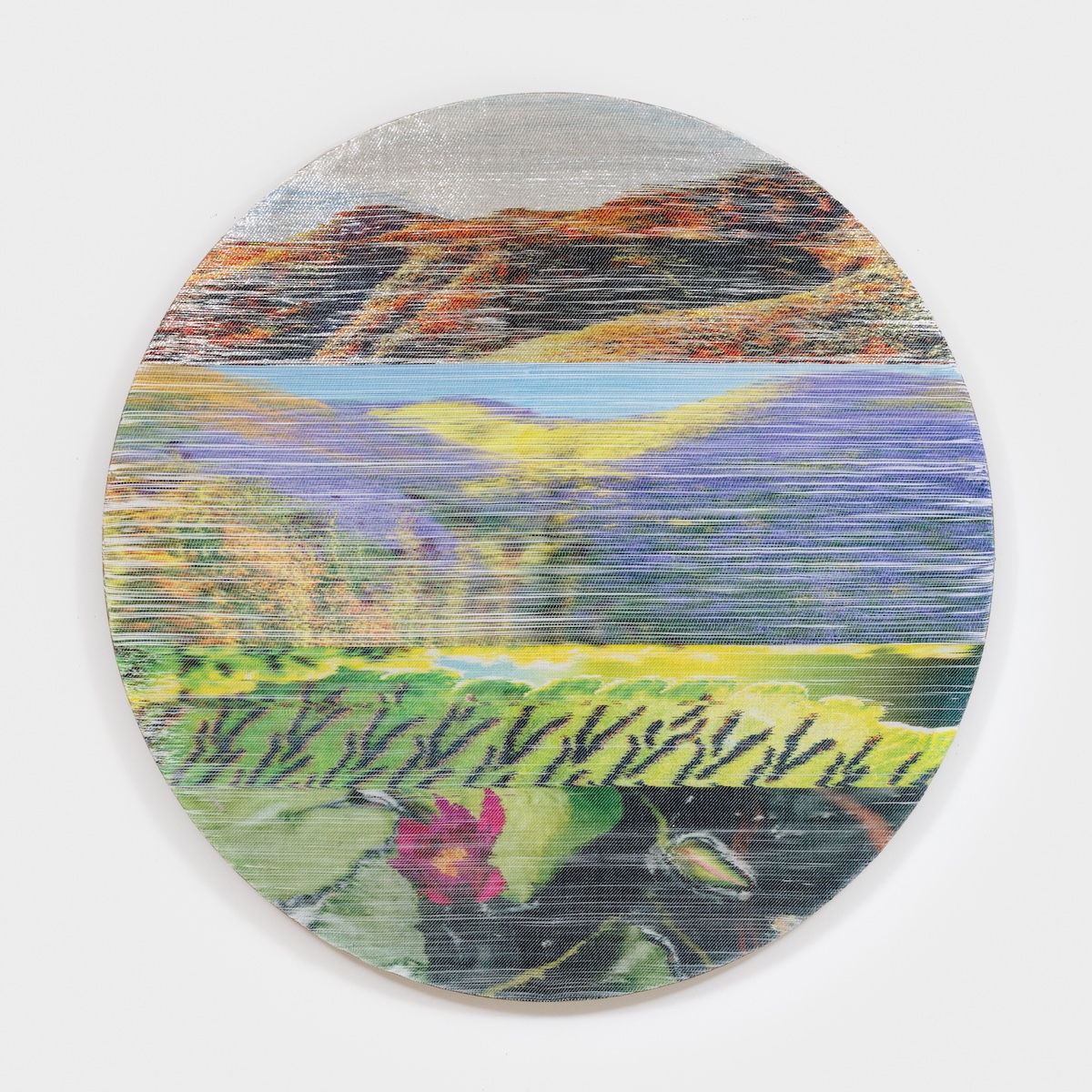 <p>Margo Wolowiec<br /><em>Superbloom</em>, 2025<br />Handwoven polymer, linen, sterling silver-leafed thread, dye sublimation ink, mounted on hemp support<br />56 x 56 x 2 inches / 142.2 x 142.2 x 5.1 cm</p>
