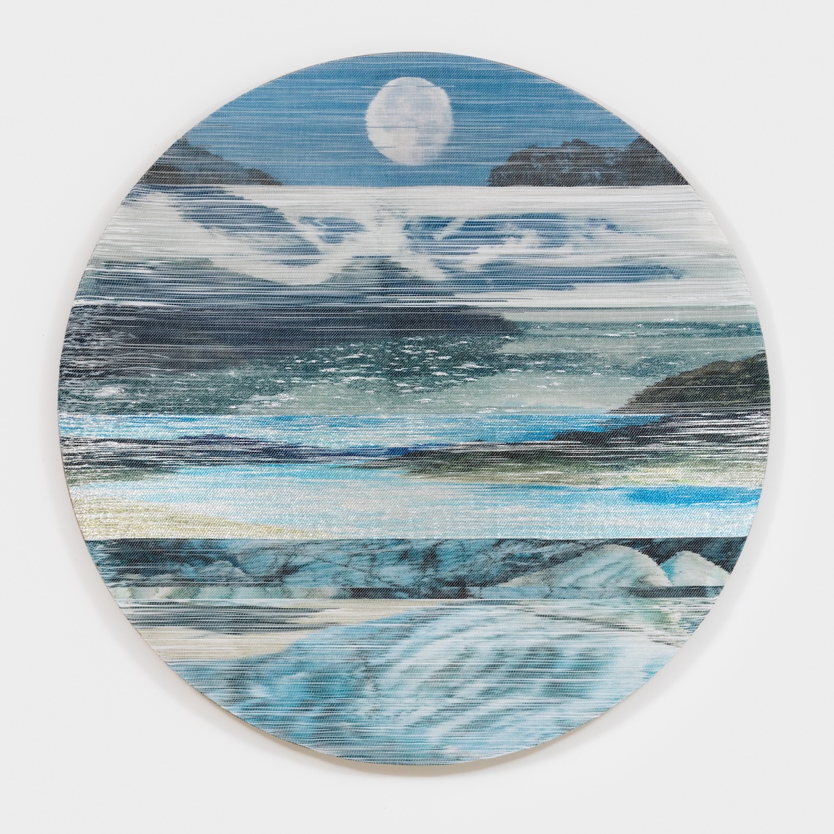 <p>Margo Wolowiec<br /><em>The Time It Takes a Glacier to Turn Blue</em>, 2025<br />Handwoven polymer, linen, sterling silver-leafed thread, strips of mylar rescue blankets from emergency preparedness kits, dye sublimation ink, mounted on hemp support<br />56 x 56 x 2 inches / 142.2 x 142.2 x 5.1 cm</p>
