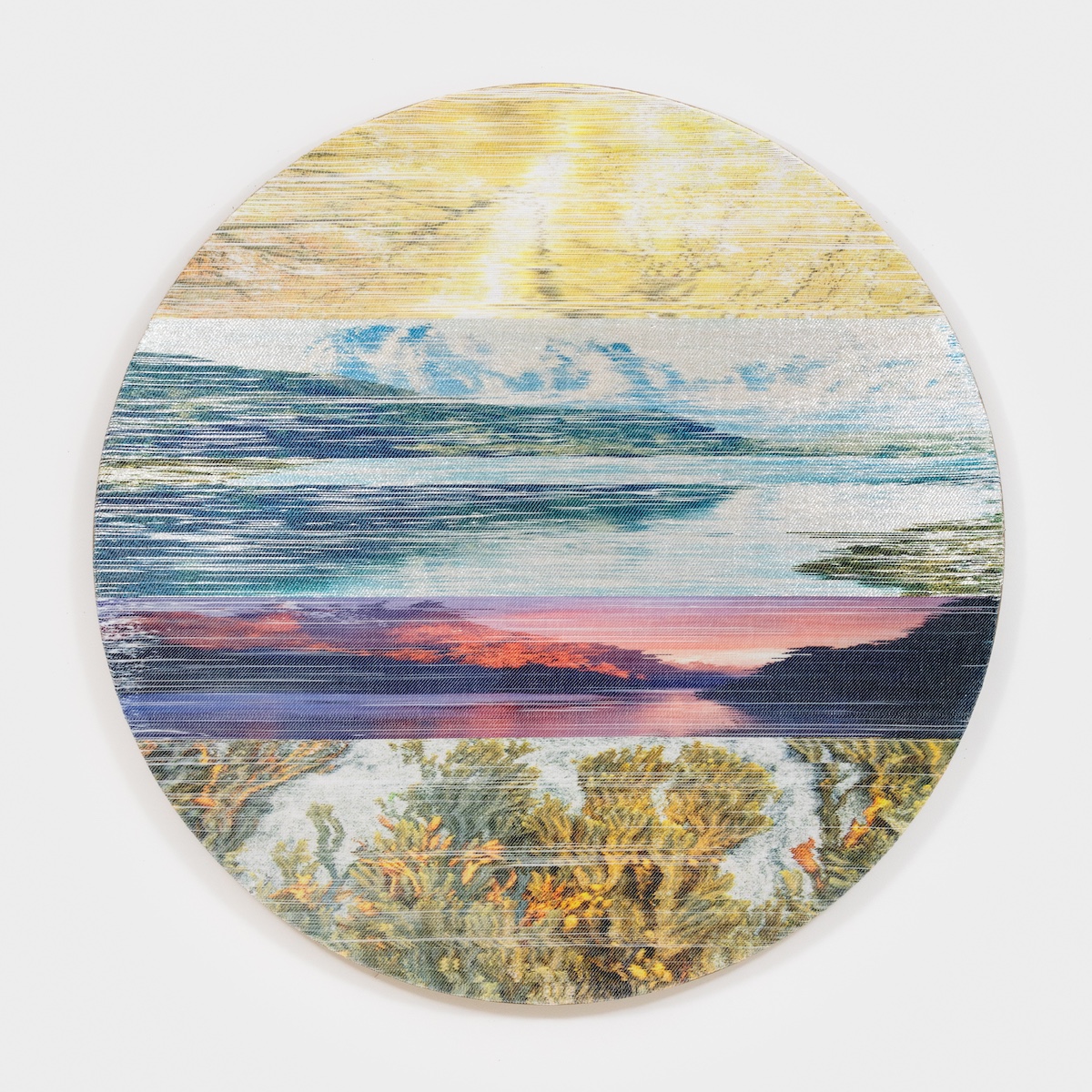 <p>Margo Wolowiec<br /><em>Water, Water</em>, 2025<br />Handwoven polymer, linen, sterling silver-leafed thread, dye sublimation ink, mounted on hemp support<br />56 x 56 x 2 inches / 142.2 x 142.2 x 5.1 cm</p>
