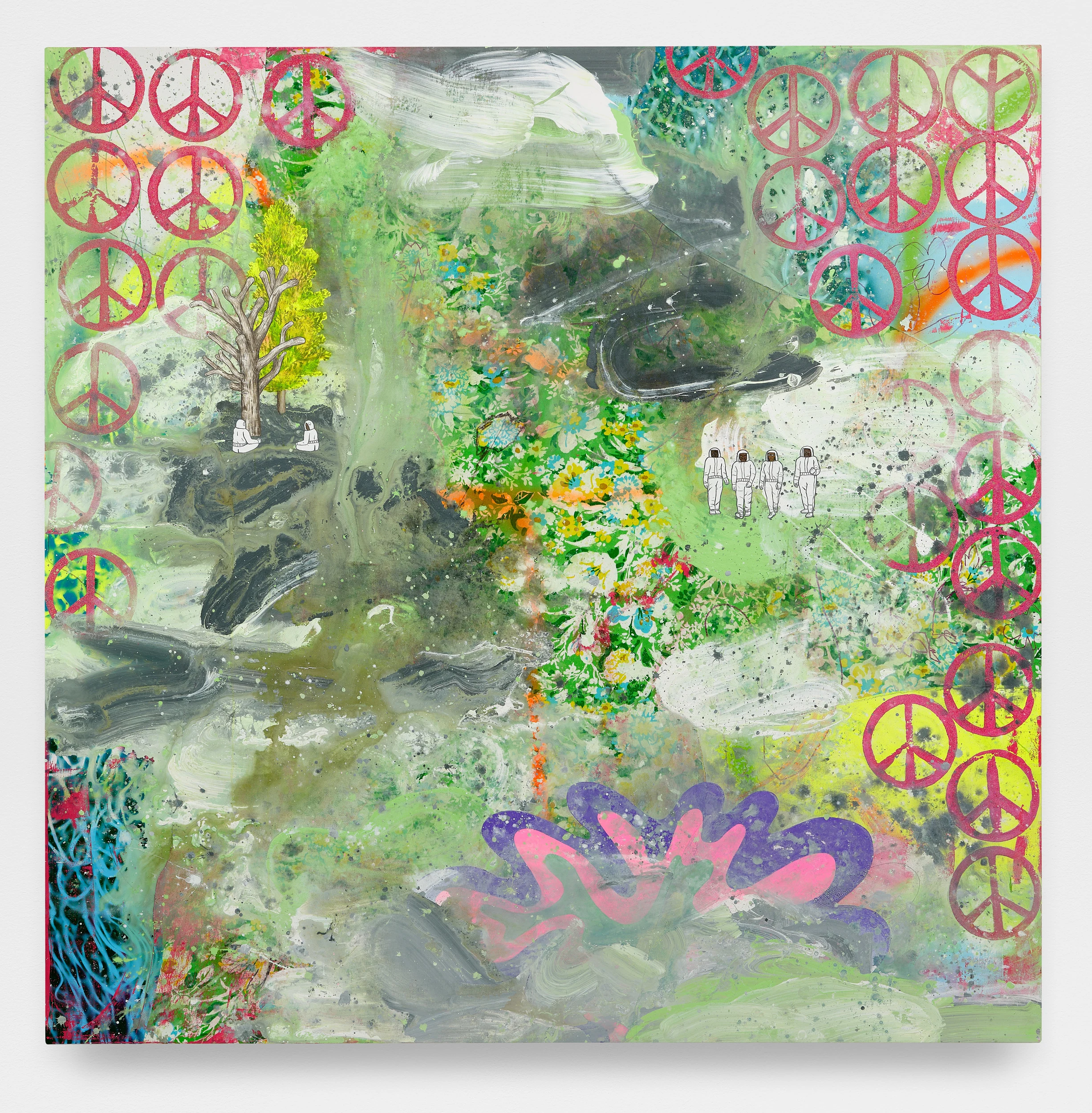David Huffman<br><em>Together We Are More</em>, 2025<br>Acrylic, oil, gouache, fabric, color pencil, glitter and spray paint on canvas<br>77 x 77 x 2 inches / 195.6 x 195.6 x 5.1 cm