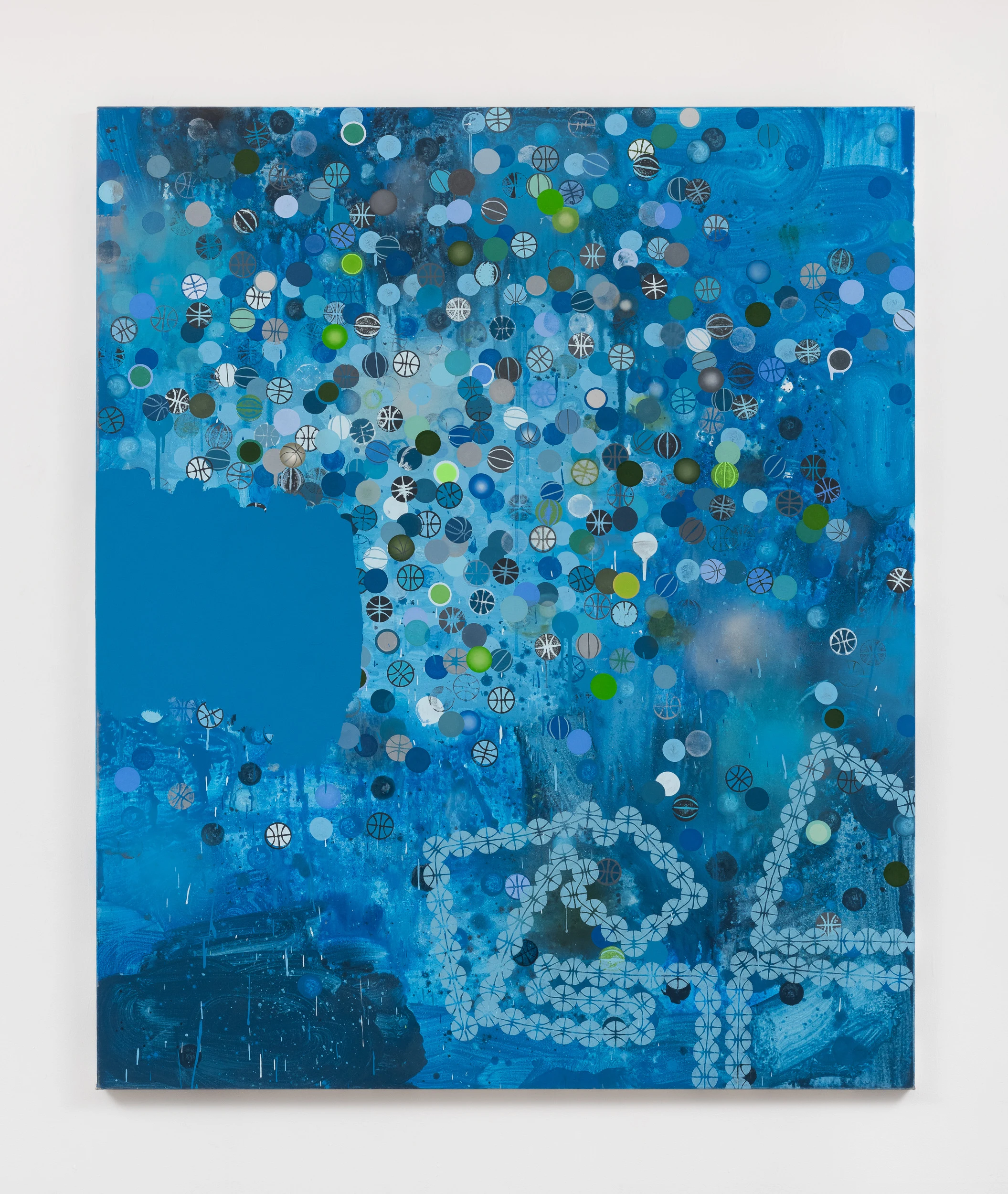 David Huffman<br><em>Blue Ice</em>, 2013<br>Acrylic, oil, spray paint, and glitter on canvas<br>72 x 60 inches / 182.9 x 152.4 cm