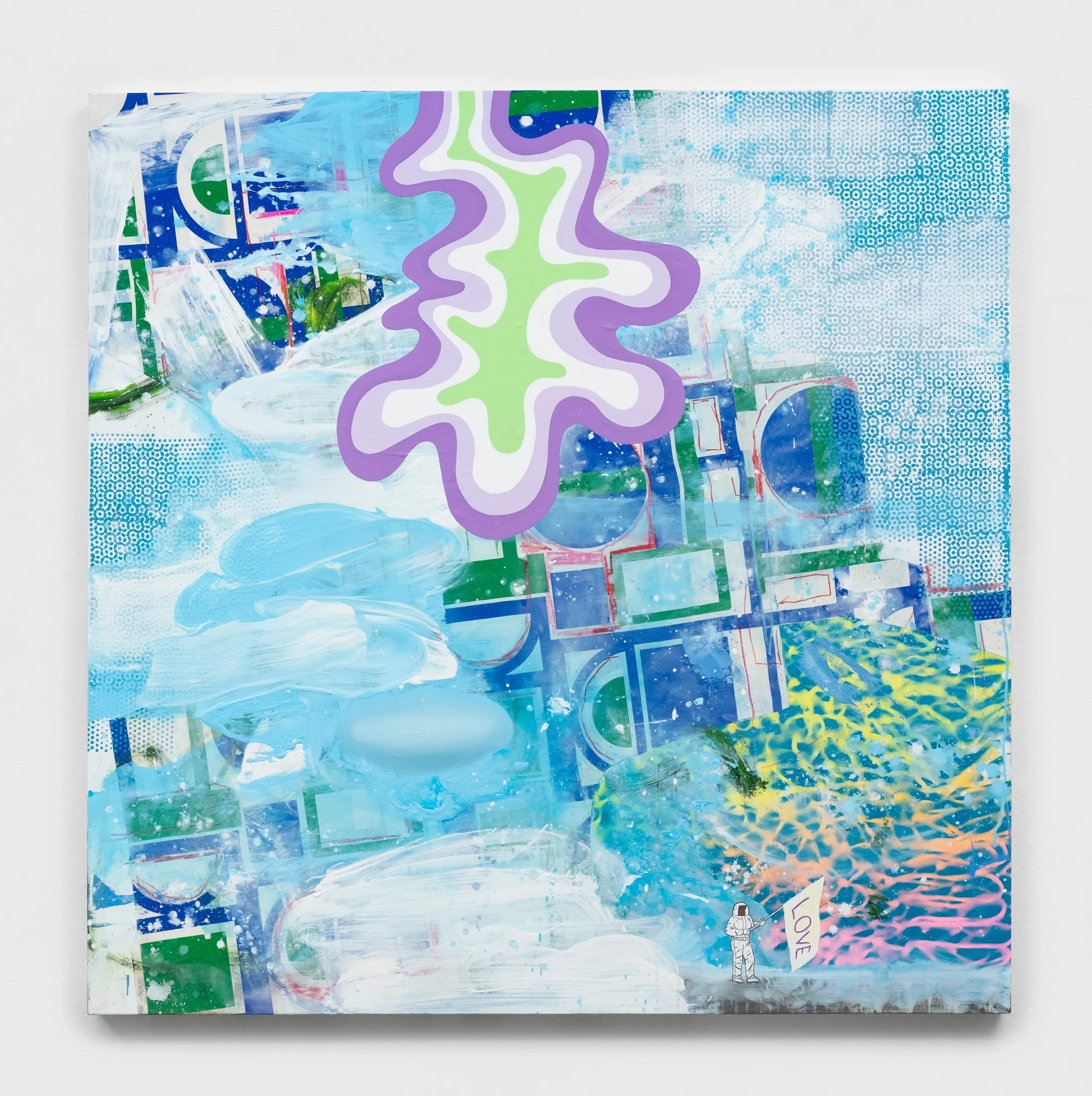 <p>David Huffman<br /><em>Soul Mother Earth</em>, 2025<br />Acrylic, oil, gouache, fabric, color pencil, glitter and spray paint on canvas<br />60 x 60 x 2 1/2 inches / 152.4 x 152.4 x 6.3 cm</p>

