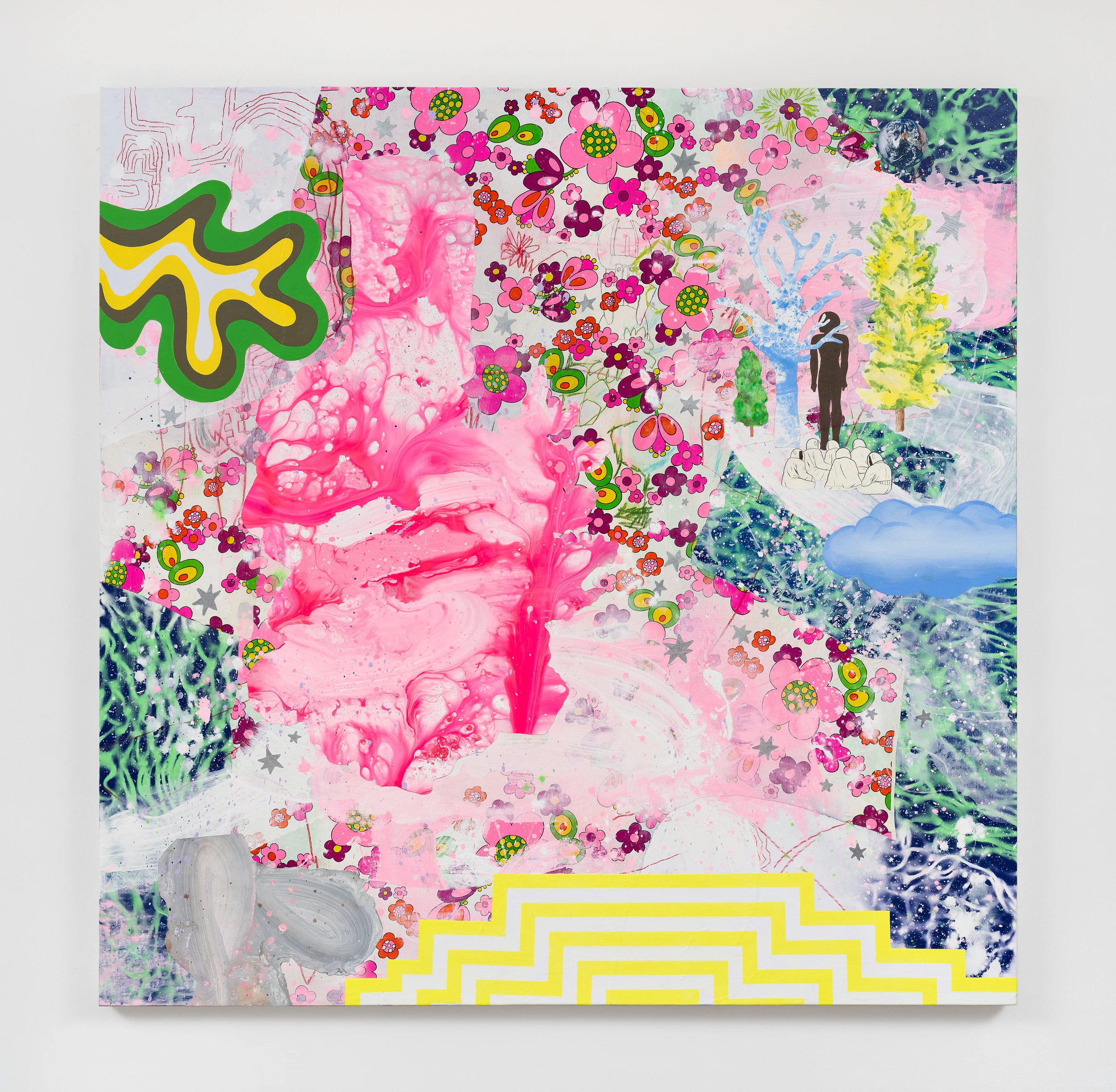 <p>David Huffman<br /><em>Under the Moon and the Sun</em>, 2025<br />Acrylic, gouache, paper collage, textile and spray paint on canvas<br />60 x 60 x 2 1/2 inches / 152.4 x 152.4 x 6.3 cm</p>
