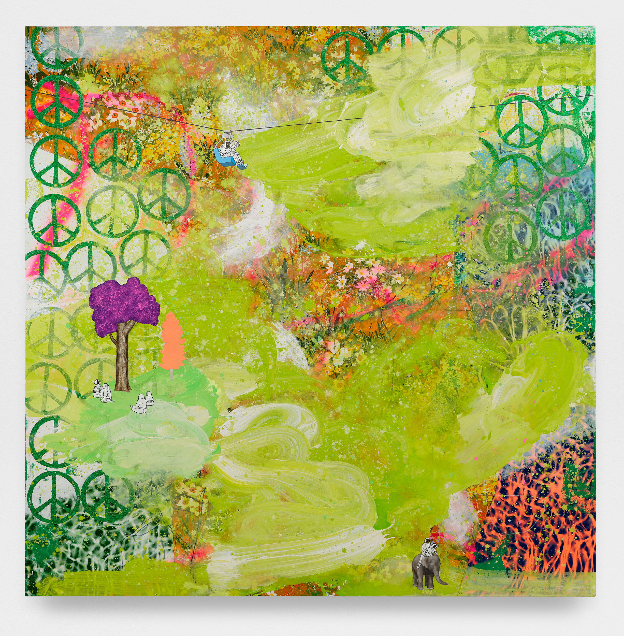 David Huffman<br><em>Andromeda's Song</em>, 2025<br>Acrylic, oil, gouache, fabric, color pencil, glitter and spray paint on canvas<br>77 x 77 x 2 inches / 195.6 x 195.6 x 5.1 cm