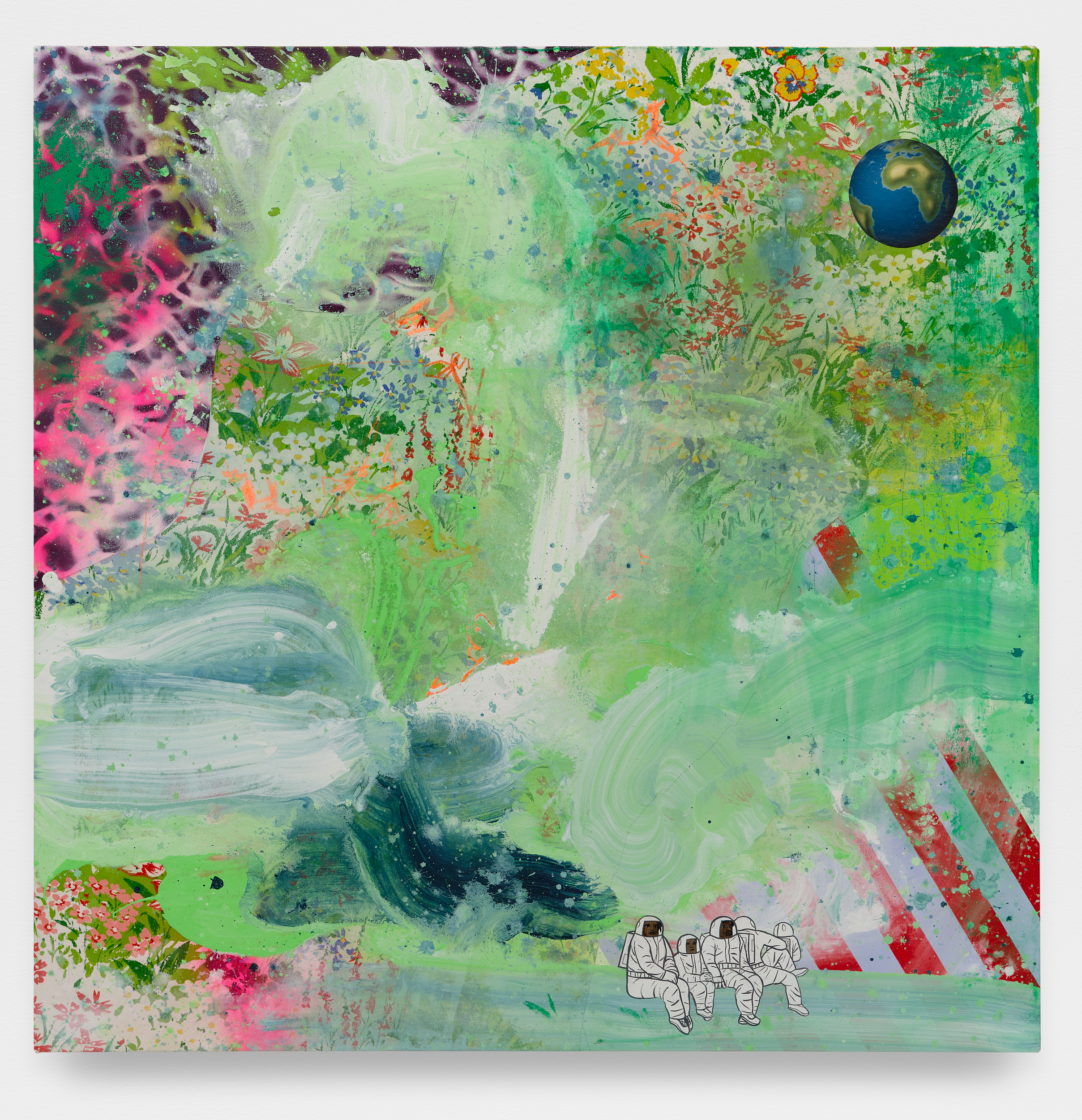 David Huffman<br><em>Family</em>, 2025<br>Acrylic, oil, fabric, photo collage, color pencil and spray paint on canvas<br>48 x 48 x 2 inches / 121.9 x 121.9 x 5.1 cm
