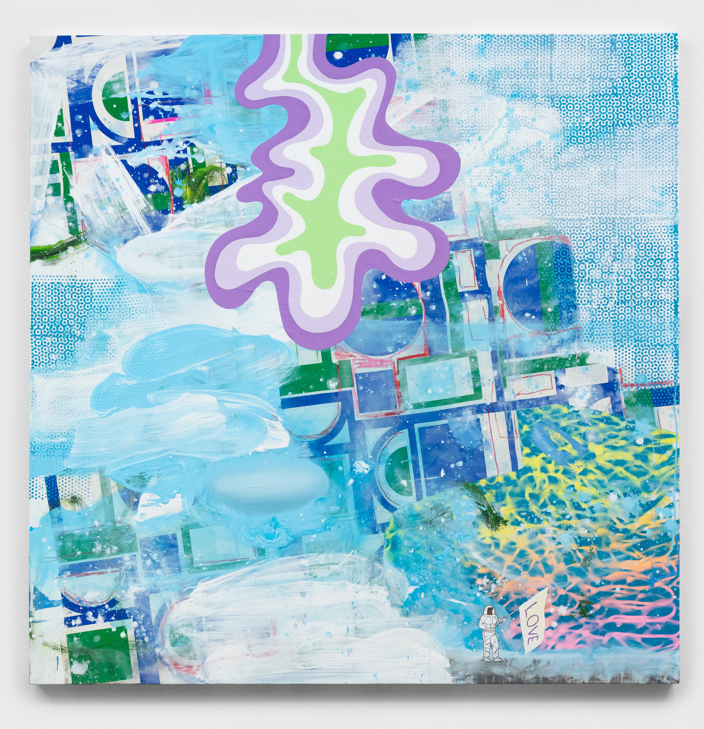 David Huffman<br><em>Soul Mother Earth</em>, 2025<br>Acrylic, oil, gouache, fabric, color pencil, glitter and spray paint on canvas<br>60 x 60 x 2 1/2 inches / 152.4 x 152.4 x 6.3 cm