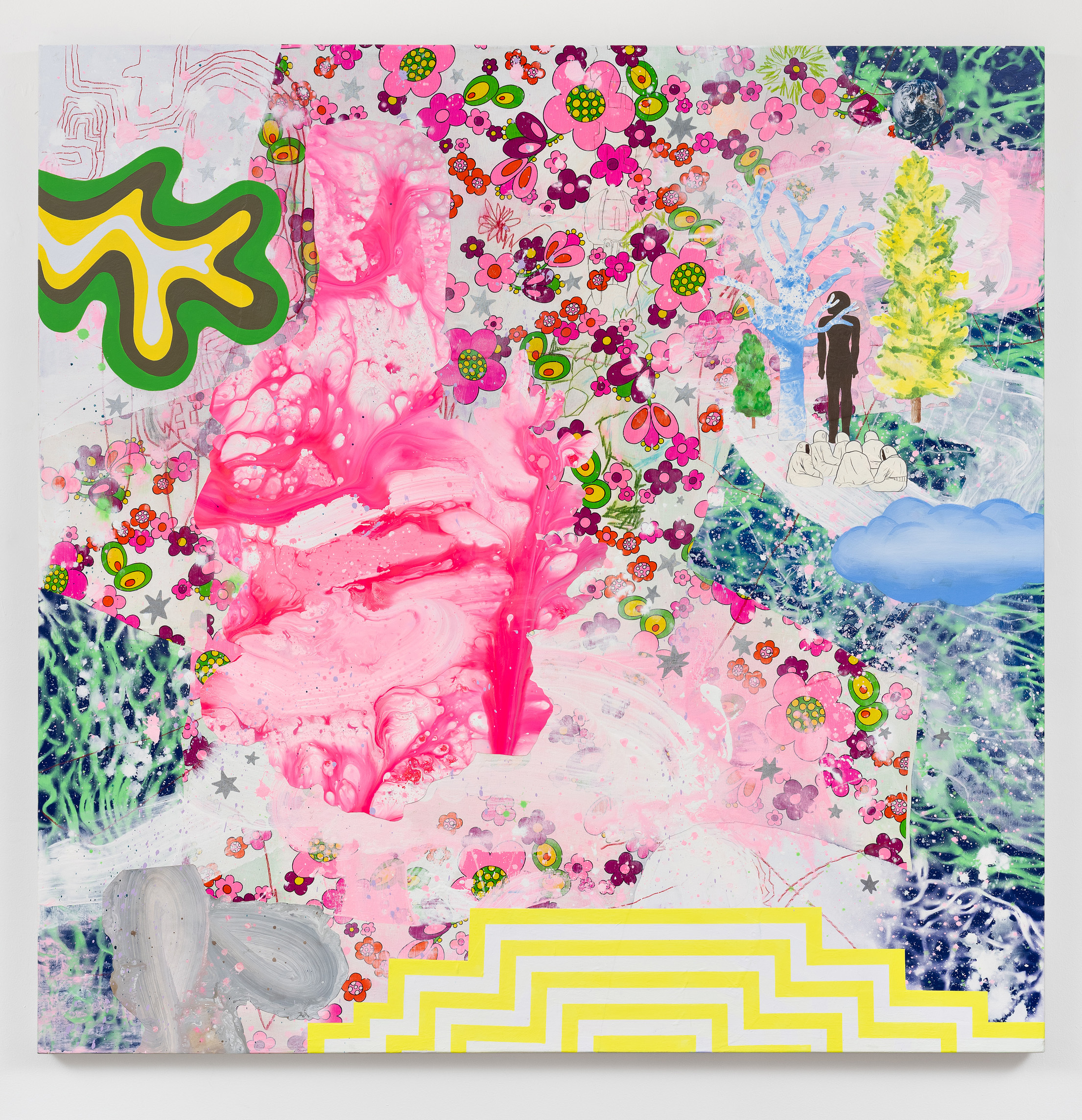 David Huffman<br><em>Under the Moon and the Sun</em>, 2025<br>Acrylic, gouache, paper collage, textile and spray paint on canvas<br>60 x 60 x 2 1/2 inches / 152.4 x 152.4 x 6.3 cm