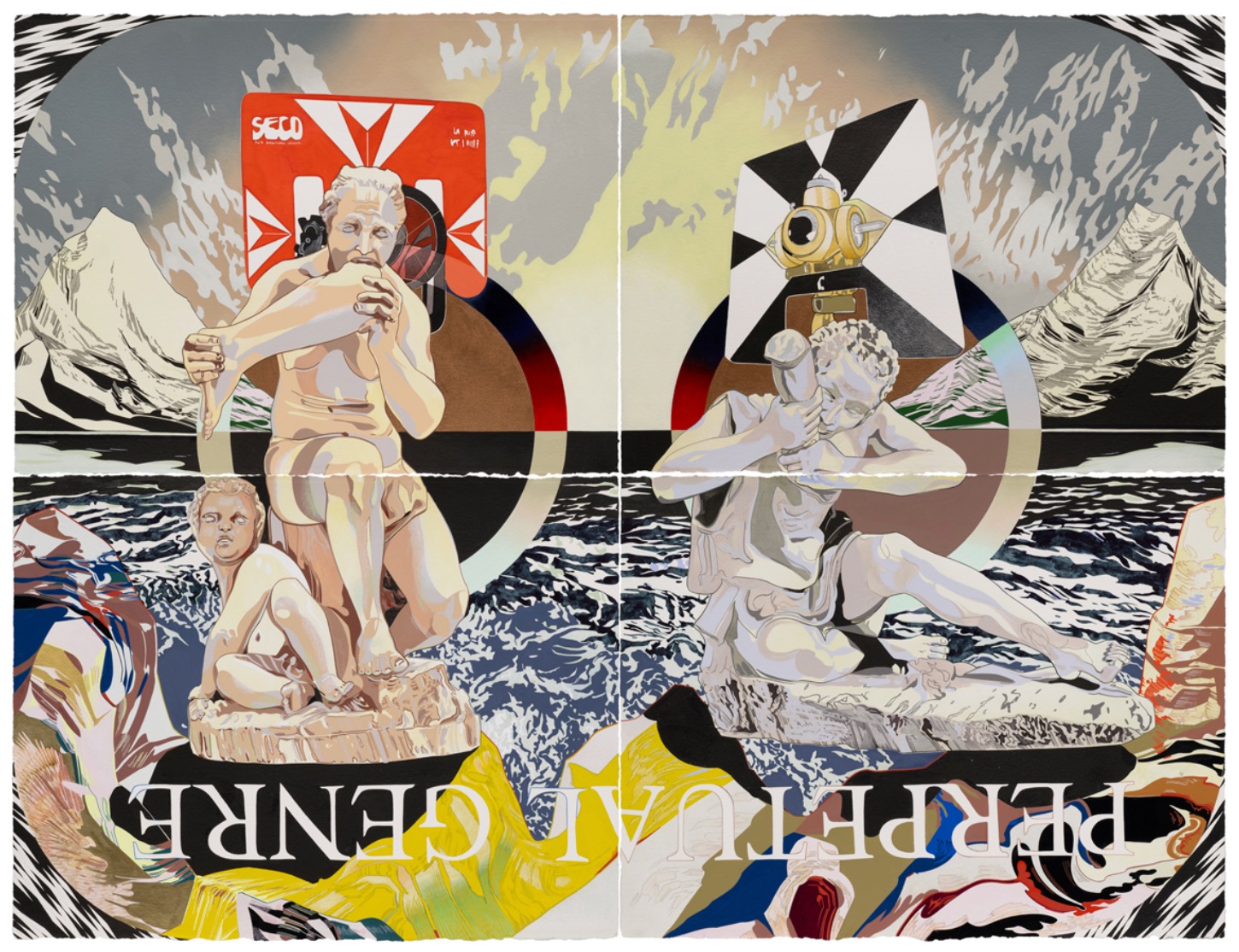 <p>Andrea Carlson<br /><em>Perpetual Genre</em>, 2024 <br />Oil, acrylic, gouache, ink, color pencil, and graphite on paper<br />45 x 60 inches / 114.3 x 152.4 cm</p>
