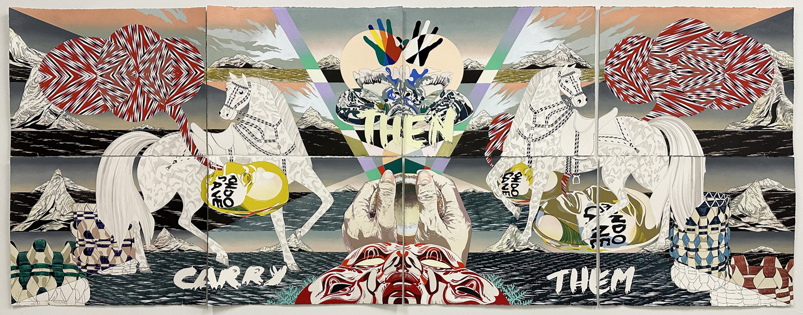 <p>Andrea Carlson<br /><em>Perpetual Sarah</em>, 2024 <br />Oil, acrylic, gouache, graphite on paper<br />45 x 120 inches / 114.3 x 304.8 cm</p>
