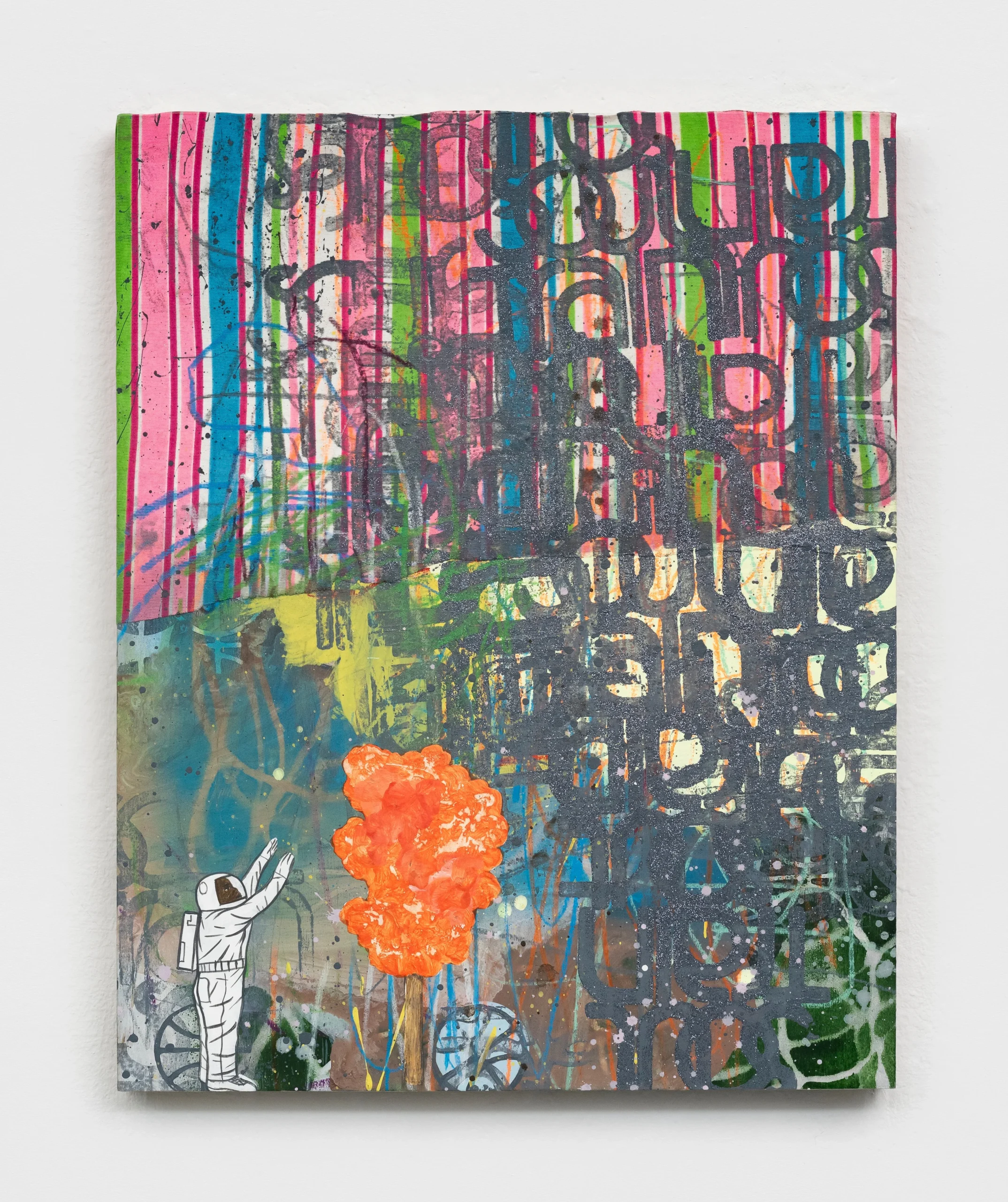 David Huffman<br><em>Boundless</em>, 2025<br>Acrylic, oil, glitter, fabric, color pencil and spray paint on wood panel<br>20 x 16 x 1 inches / 50.8 x 40.6 x 2.5 cm
