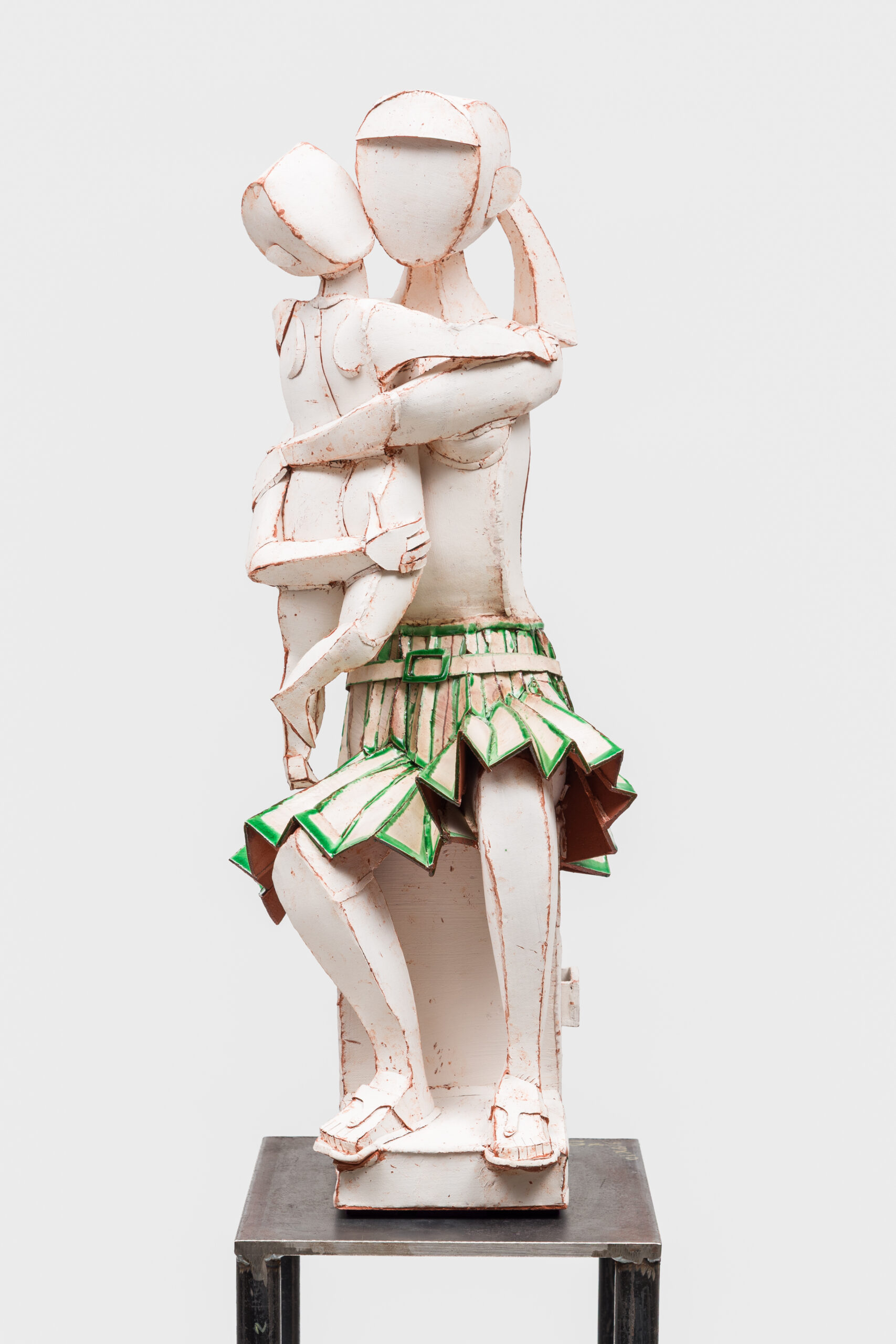 Ann Agee<br><em>Green Pleated Skirt Madonna</em>, 2025<br>Glaze, slip, and felt on earthenware<br>28 x 10 x 12 1/2 inches / 71.1 x 25.4 x 31.8 cm