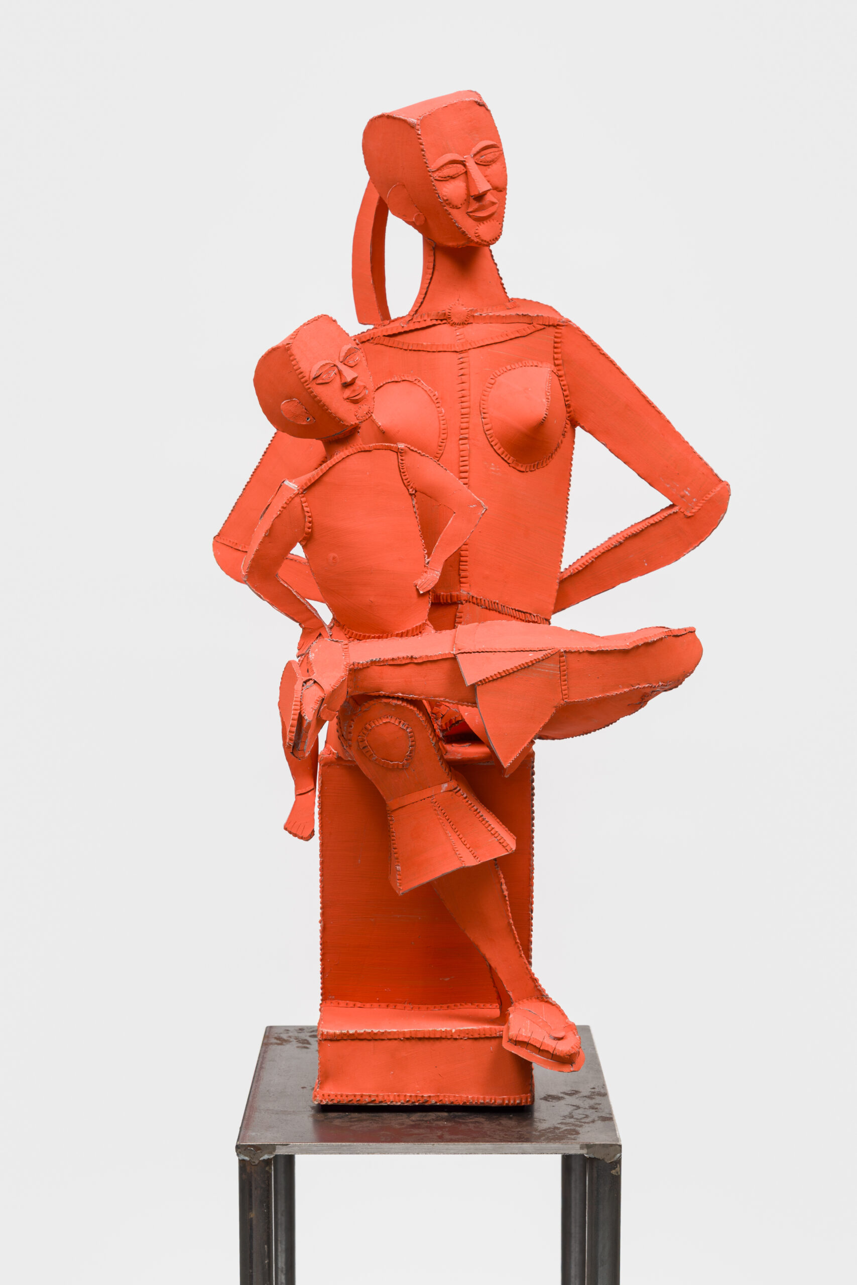 Ann Agee<br><em>Red Hot Hands on Hips, Madonna</em>, 2025<br>Colored slip on stoneware, cardboard, acrylic, felt<br> 32 1/2 x 18 1/2 x 15 3/4 inches / 82.5 x 47 x 40 cm