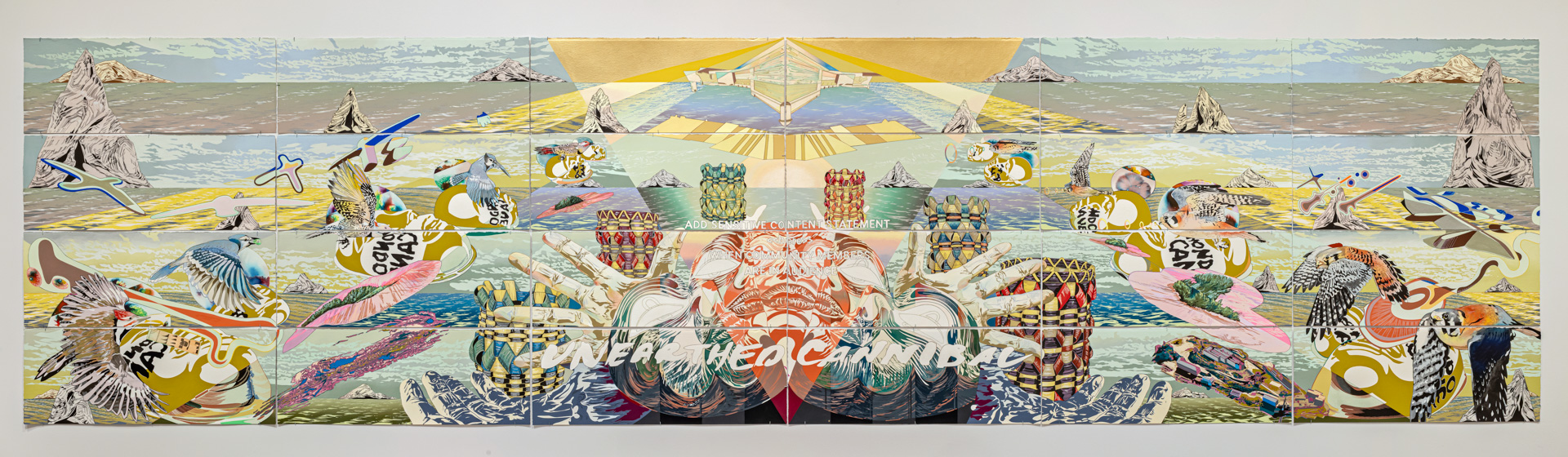 <p>Andrea Carlson<br /><em>Unearthed Cannibal</em>, 2024 <br />Ink, oil, gouache and other media on paper<br />
<br />48 x 180 inches / 121.9 x 457.2 cm</p>
