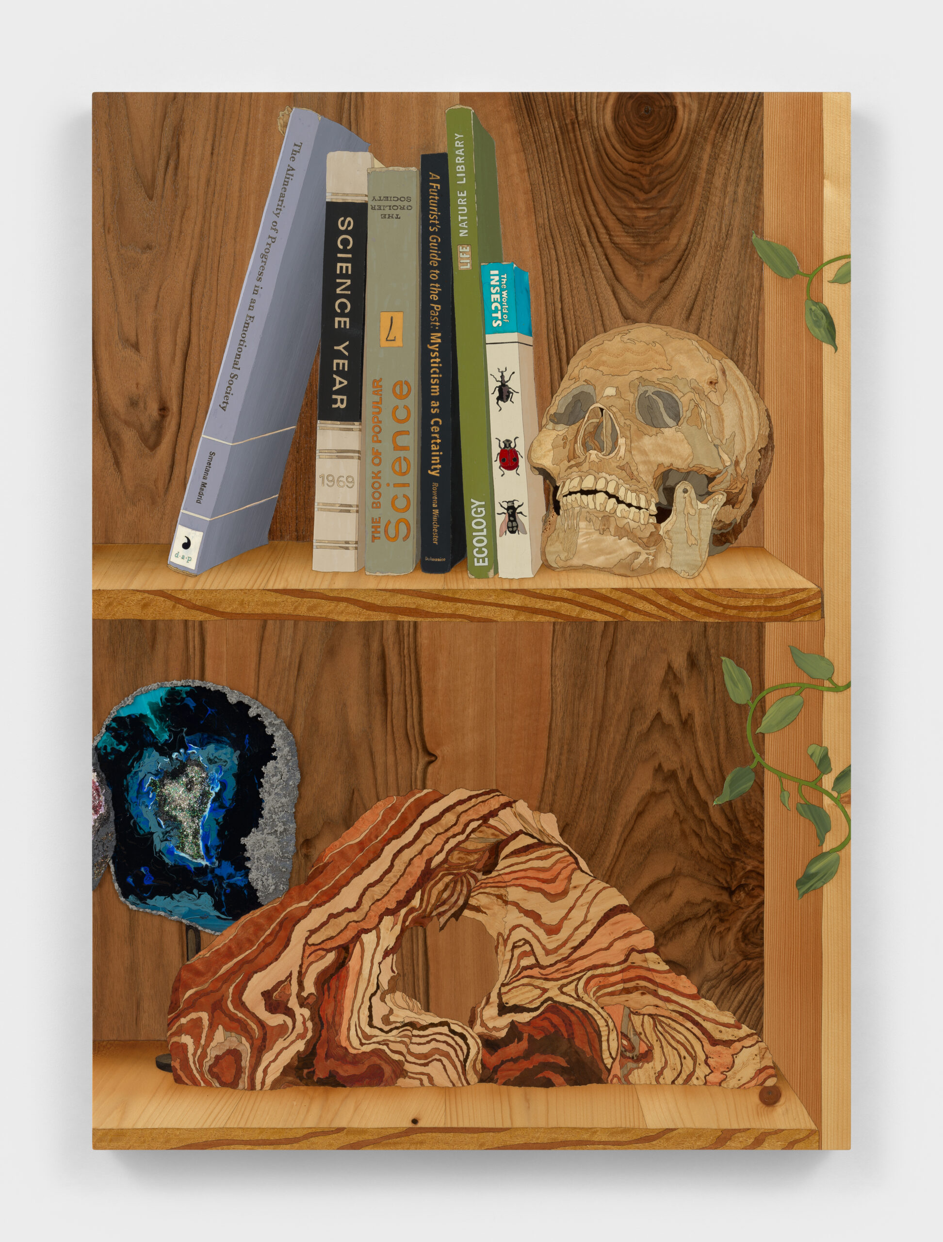 Alison Elizabeth Taylor<br><em>Gods and Monsters</em>, 2025<br>Marquetry hybrid: wood veneer, shellac, acrylic, sawdust, glitter, and mica<br>36 x 26 inches / 91.4 x 66 cm