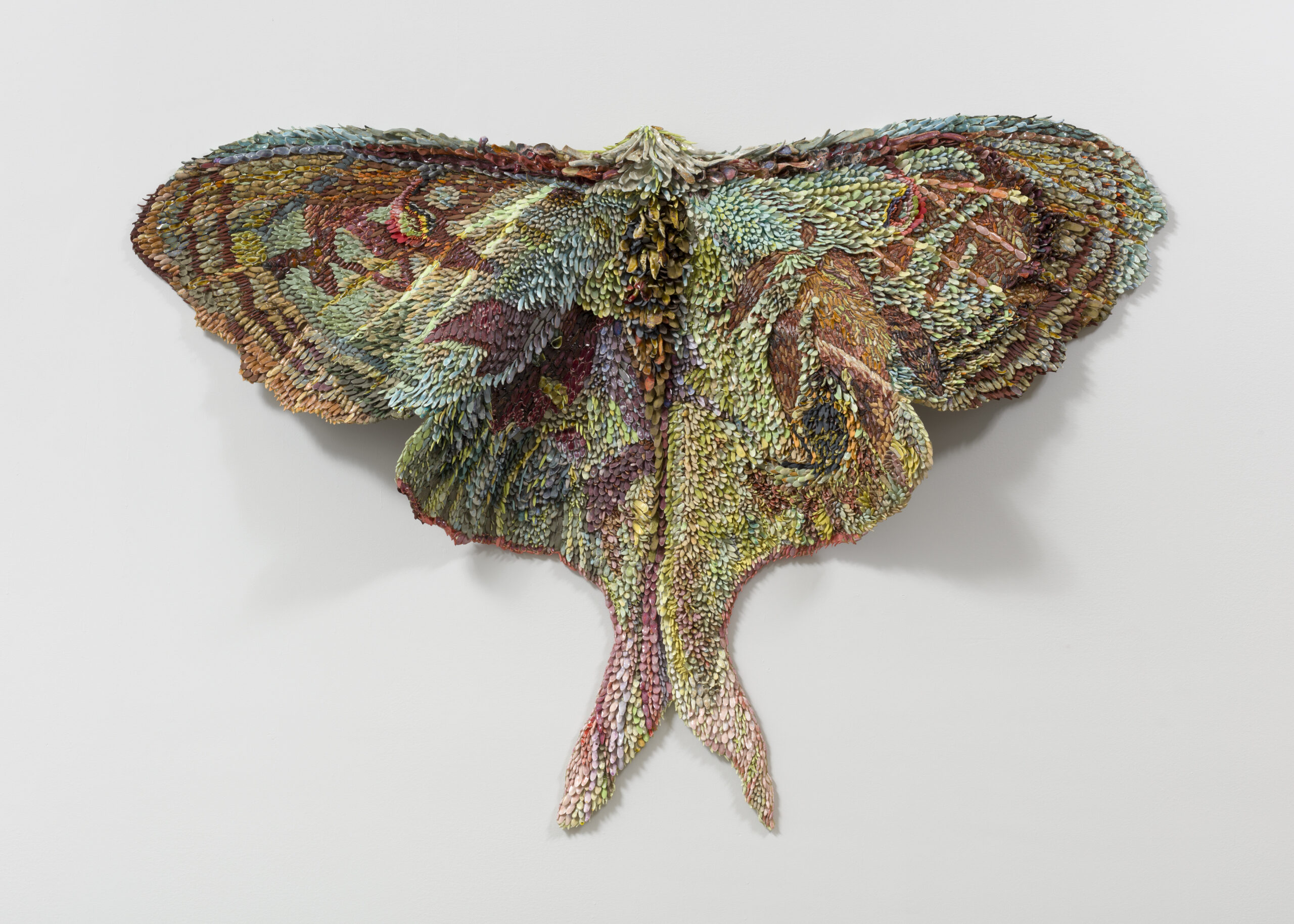 Rebecca Manson<br><em>Luna in Shadow</em>, 2025<br>Porcelain, glaze, adhesives, canvas, hardware<br>64 x 48 inches / 162.6 x 121.9 cm