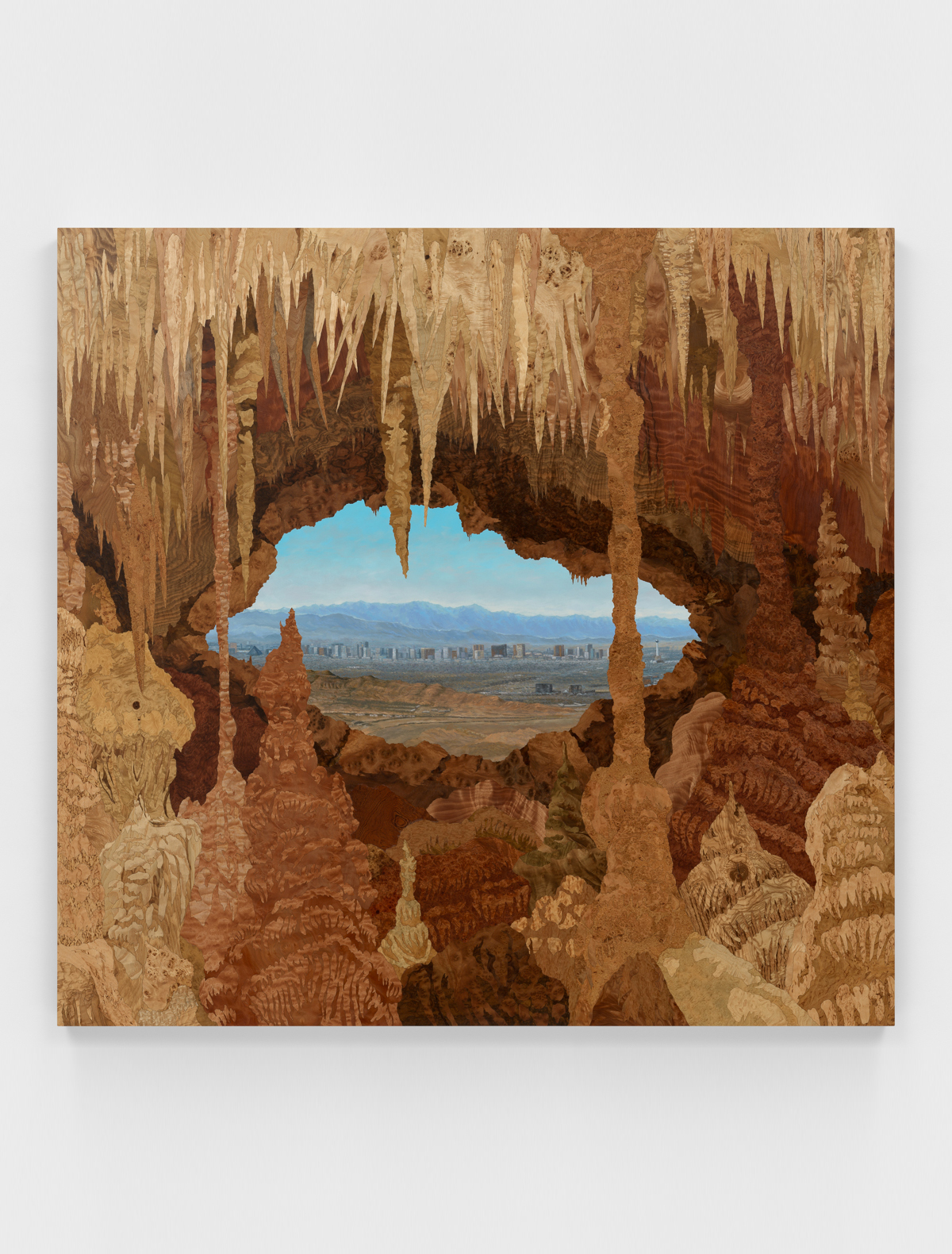Alison Elizabeth Taylor<br><em>Constructing Self Serving Narratives to Avoid Uncomfortable Truths</em>, 2025<br>Marquetry hybrid: wood veneer, shellac, and oil paint<br>55 x 58 inches / 139.7 x 147.3 cm