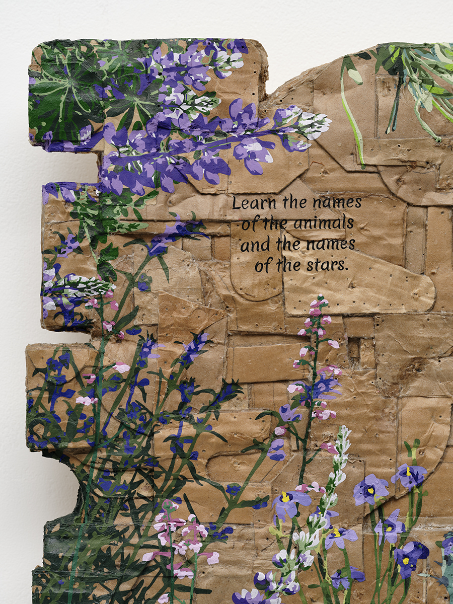 <p>Andrea Bowers<br /><em>Learn the Names of the Animals And the Names of the Stars (Passage from Deena Metzger, “Someone Remembers the Colors of Birds”, A Sabbath Among the Ruins, 1992, p.165), Local Plant Studies</em>, 2025<br />Detail</p>