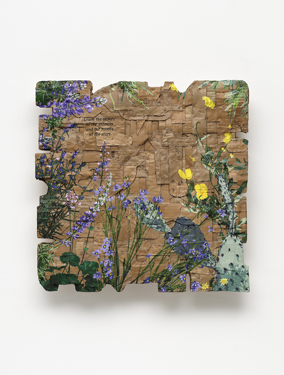 <p>Andrea Bowers<br /><em>Learn the Names of the Animals And the Names of the Stars (Passage from Deena Metzger, “Someone Remembers the Colors of Birds”, A Sabbath Among the Ruins, 1992, p.165), Local Plant Studies</em>, 2025<br />Acrylic on cardboard<br />20 x 20 x 3 inches / 50.8 x 50.8 x 7.6 cm</p>