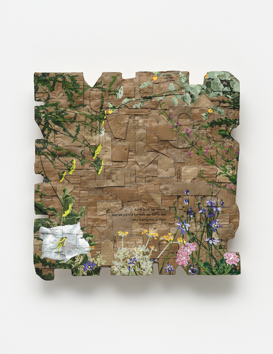 <p>Andrea Bowers<br /><em>Earth In All Her Beauty (Passage from Deena Metzger, “The Medicine For These Times”, Desperate Love Letters to a Wounded Earth, June 25th, 2025), Local Plant Studies</em>, 2025<br />Acrylic on cardboard<br />20 x 20 x 3 inches / 50.8 x 50.8 x 7.6 cm</p>
