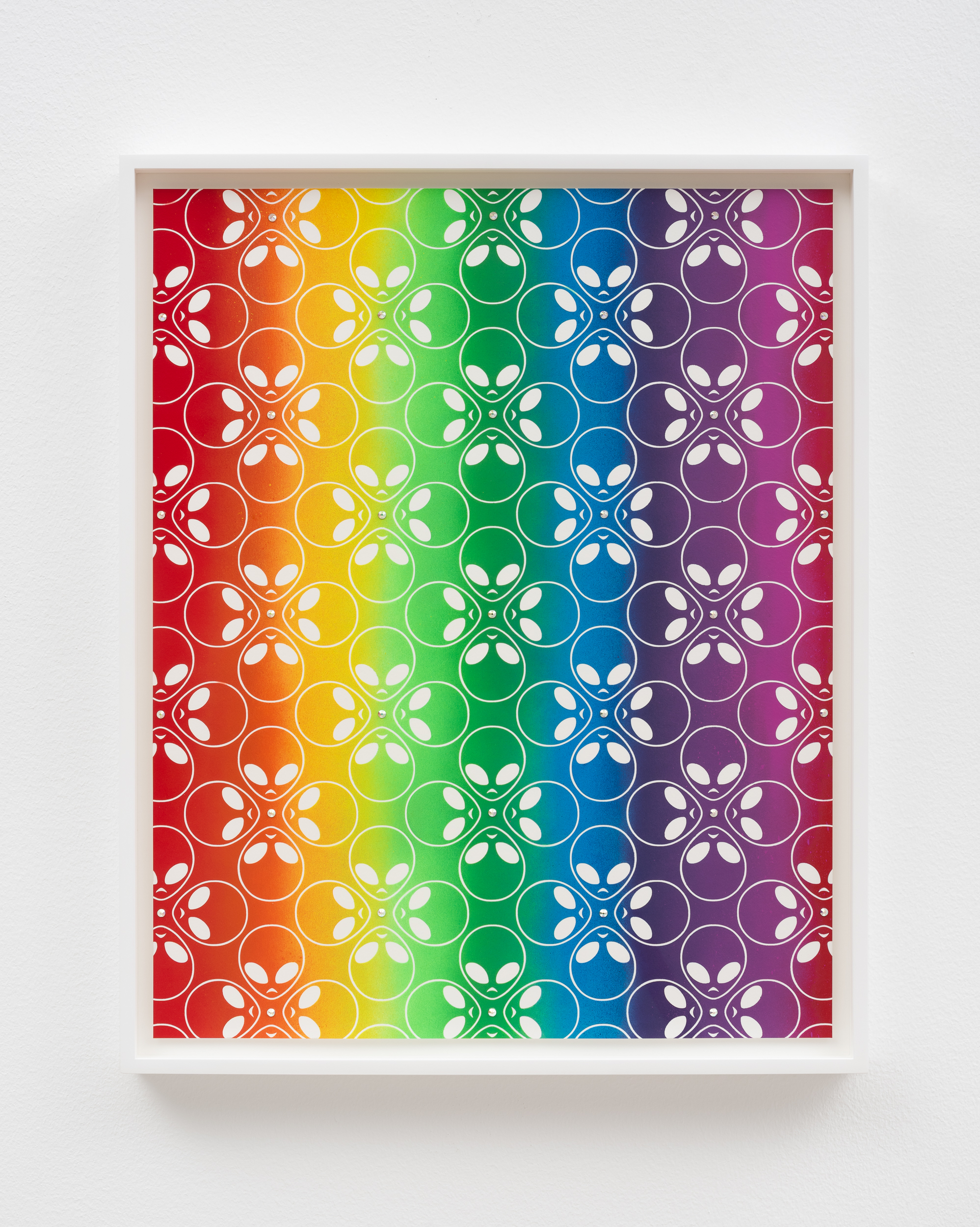 Sadie Barnette<br><em>Aliens (Rainbow)</em>, 2025<br>Spray paint and rhinestones on paper<br>21 5/8 x 17 5/8 x 1 1/2 inches / 54.8 x 44.6 x 3.8 cm