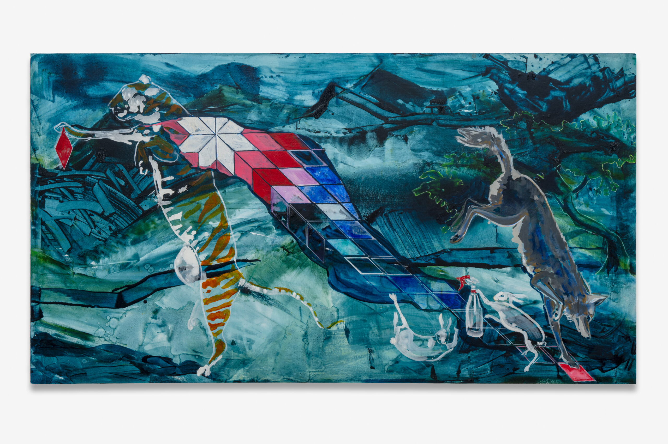 Julie Buffalohead<br><em>The Imposter</em>, 2025<br>Oil on canvas<br>46 x 84 inches / 116.8 x 213.4 cm