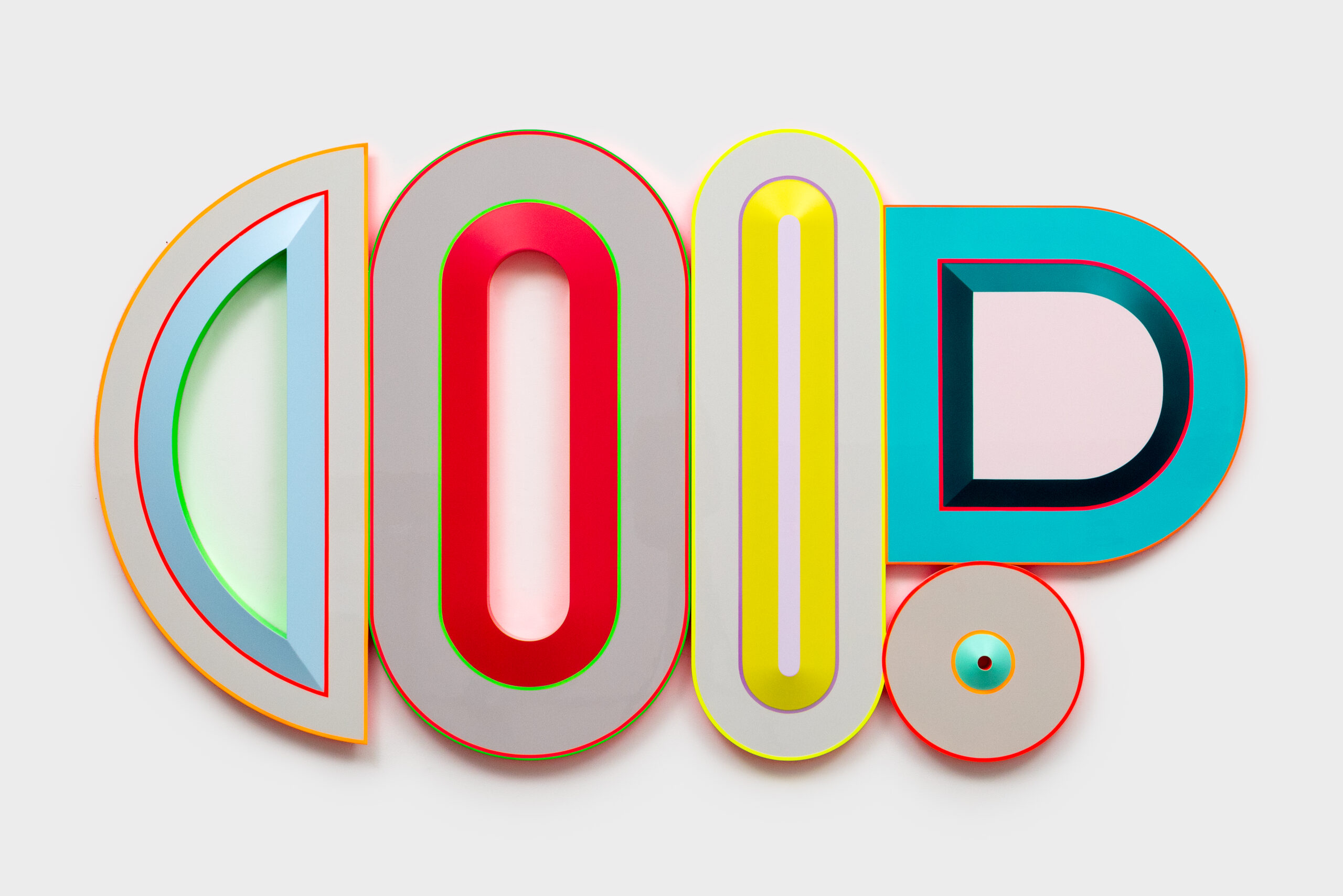 Beverly Fishman<br><em>Relief, Ease, Joy, Liberation</em>, 2025<br>Urethane paint on wood<br>44 x 78 x 2 inches / 111.8 x 198.1 x 5.1 cm