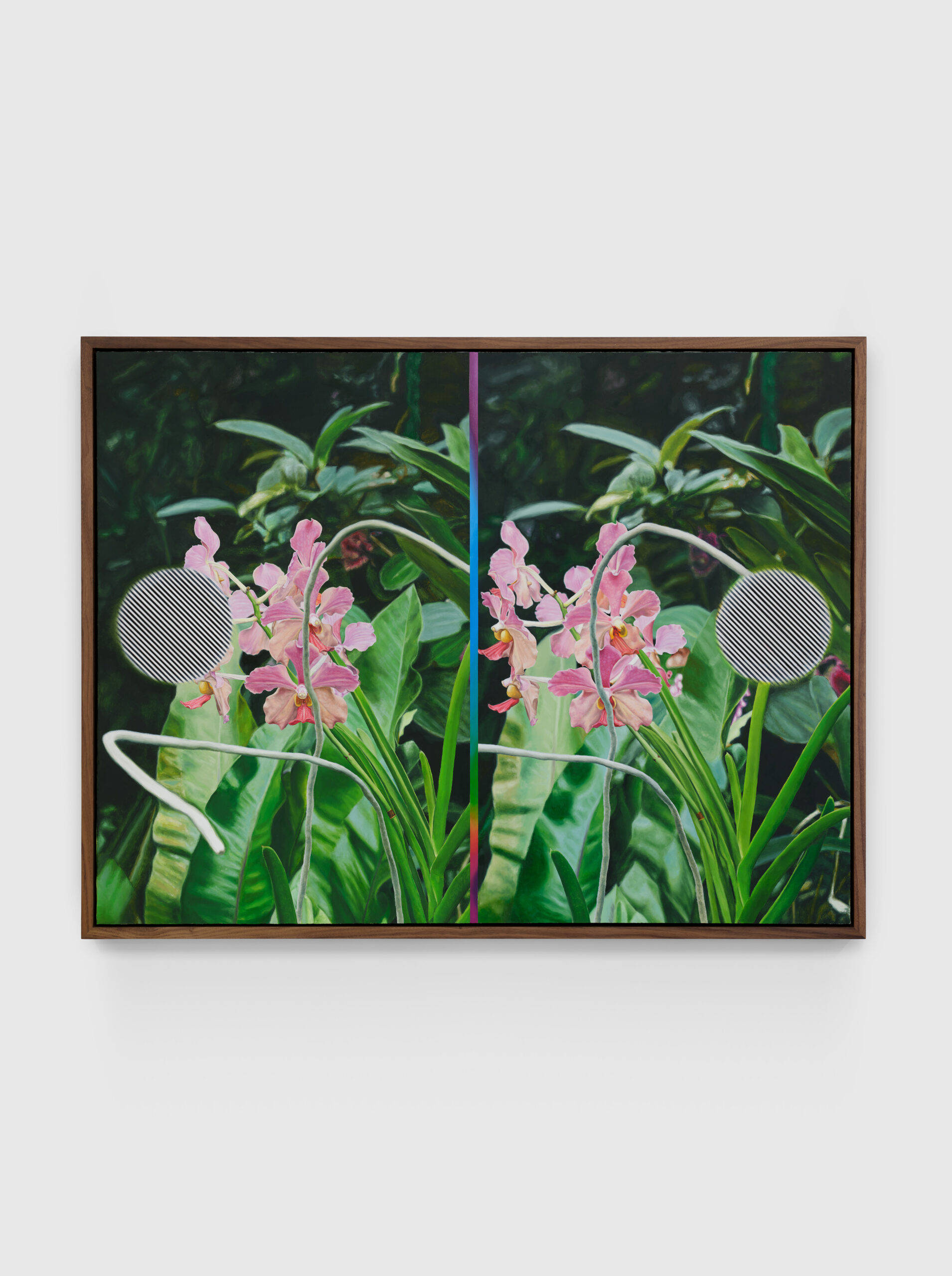 Julian Hoeber<br><em>Pink Moth Orchid Pink Moth Orchid</em>, 2025<br>Oil, flash, acrylic and granite on linen over panel<br>36 x 47 1/2 x 2 1/2 inches / 91.4 x 120.7 x 6.3 cm