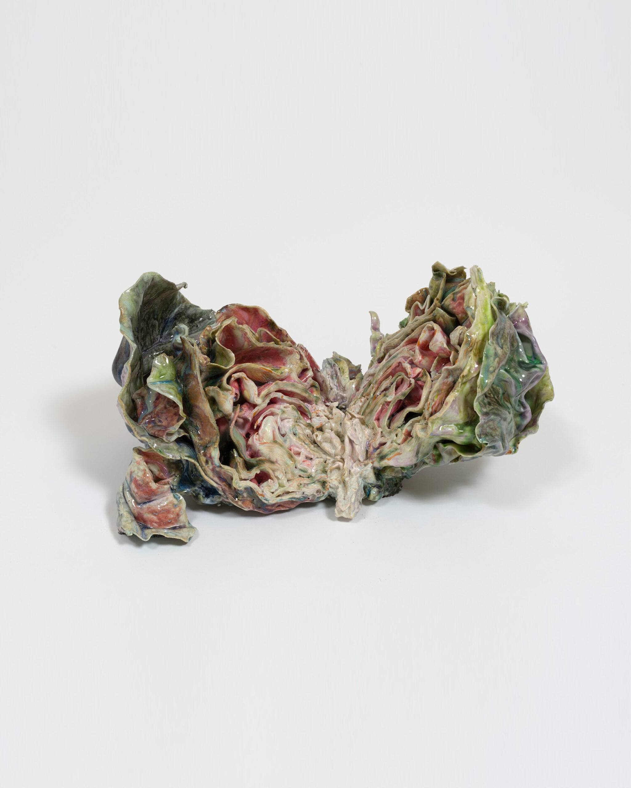Rebecca Manson<br><em>Split Radicchio</em>, 2025<br>Porcelain, glaze, adhesives<br>14 x 19 x 12 inches / 35.6 x 48.3 x 30.5 cm
