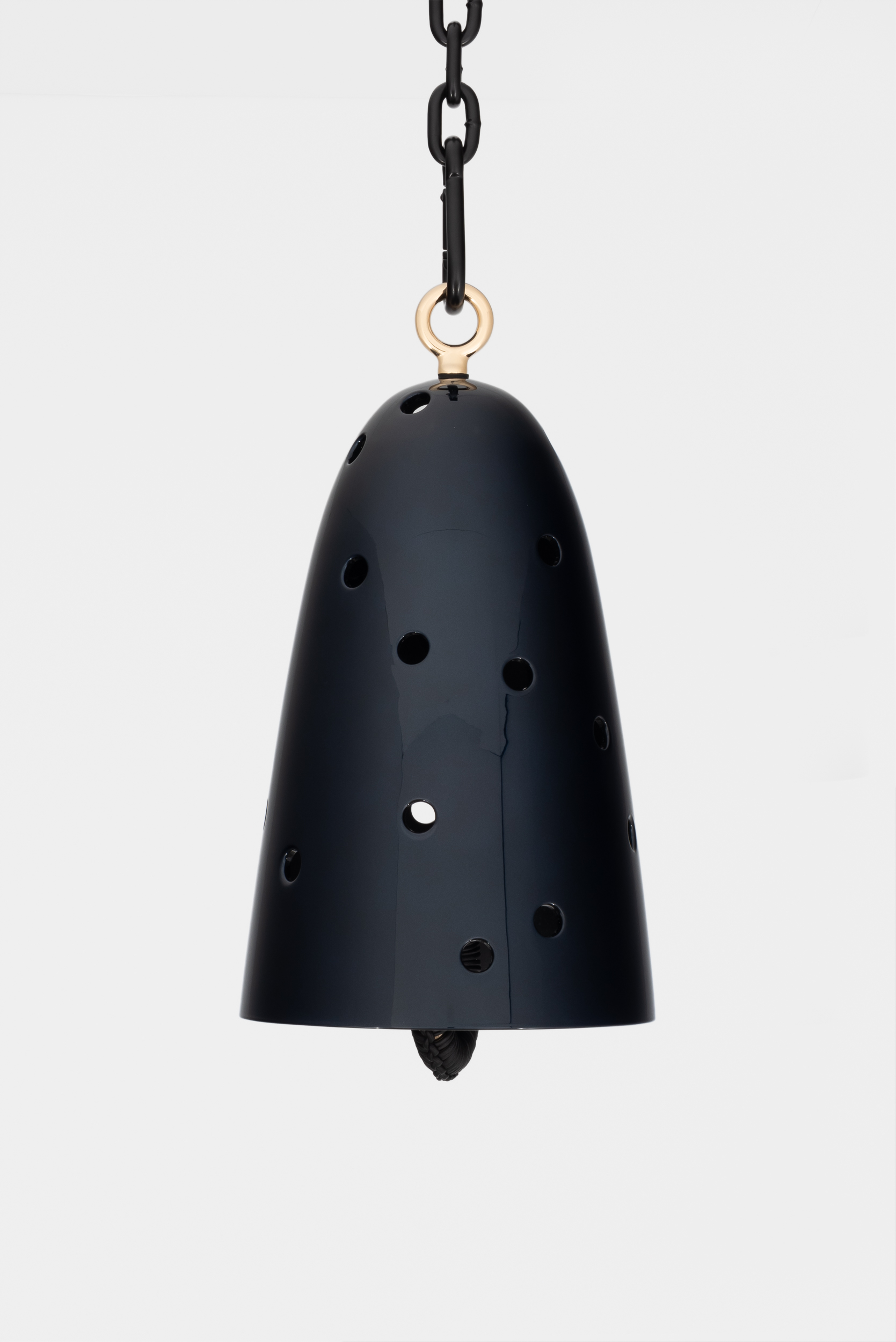 <p>Davina Semo<br /><em>Apparition</em>, 2025<br />Cast bronze bell, UV protected 3-stage catalyzed urethane automotive finish, leather-wrapped polished bronze clapper, hemp shibari rope, polished and plated stainless steel hardware, powder-coated stainless steel hardware, powder-coated zinc-plated steel chain<br />Bell: 16 x 9 x 9 inches / 40.6 x 22.9 x 22.9 cm; Overall dimensions variable</p>