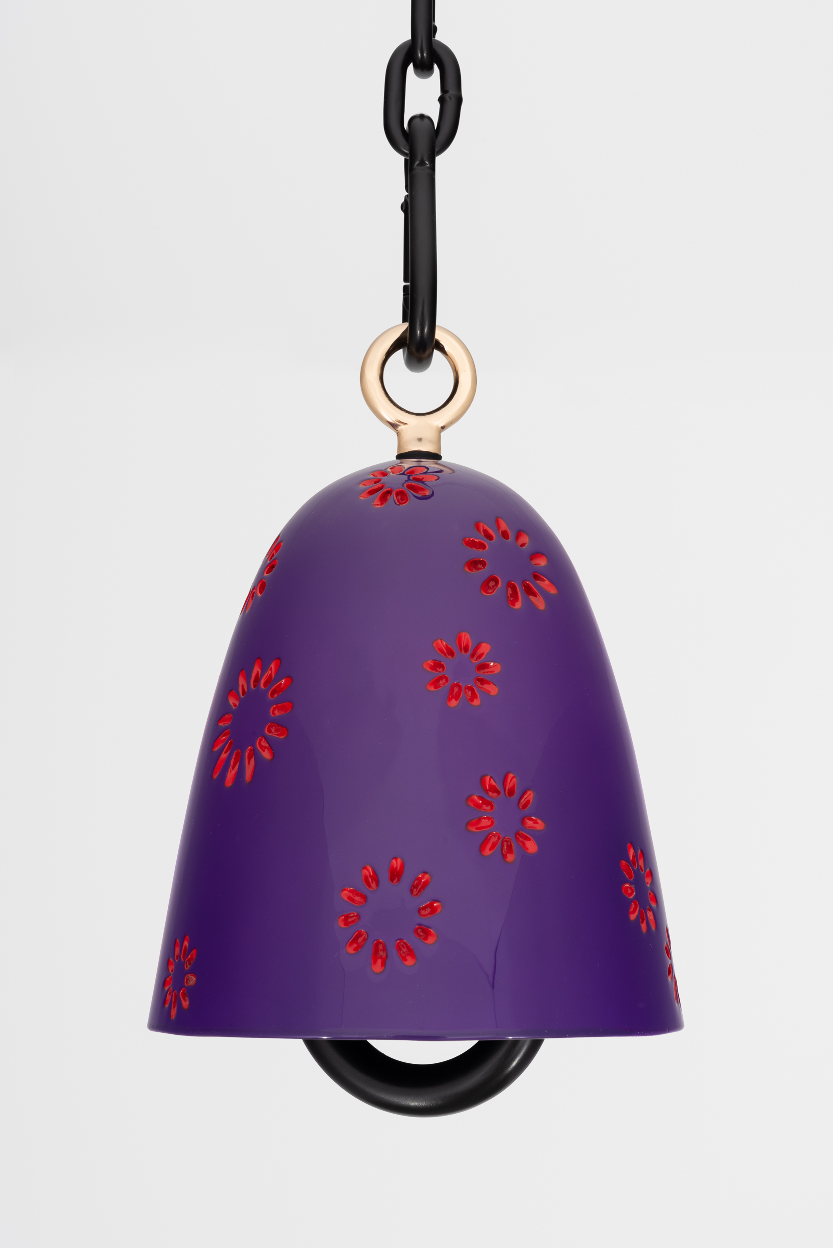 <p>Davina Semo<br /><em>Playground</em>, 2025<br />Cast bronze bell, UV-protected 3-stage catalyzed urethane automotive finish, patinated solid bronze clapper, hemp shibari rope, polished and plated stainless steel hardware, powder-coated stainless steel hardware, powder-coated zinc-plated steel chain<br />Bell: 10 1/4 x 7 1/2 x 7 1/2 inches / 26 x 19.1 x 19.1 cm; Overall dimensions variable</p>