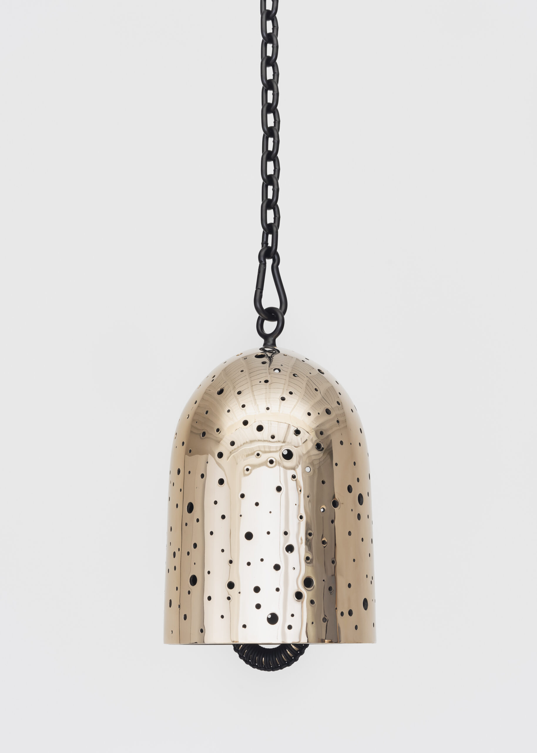 <p>Davina Semo<br /><em>Twinkle</em>, 2025<br />Polished and patinated cast bronze bell, leather-wrapped polished bronze clapper, hemp shibari rope, powder-coated stainless steel hardware, powder-coated zinc-plated steel chain<br />Bell: 15 x 10 1/4 x 10 1/4 inches / 38.1 x 26 x 26 cm; Overall dimensions variable</p>