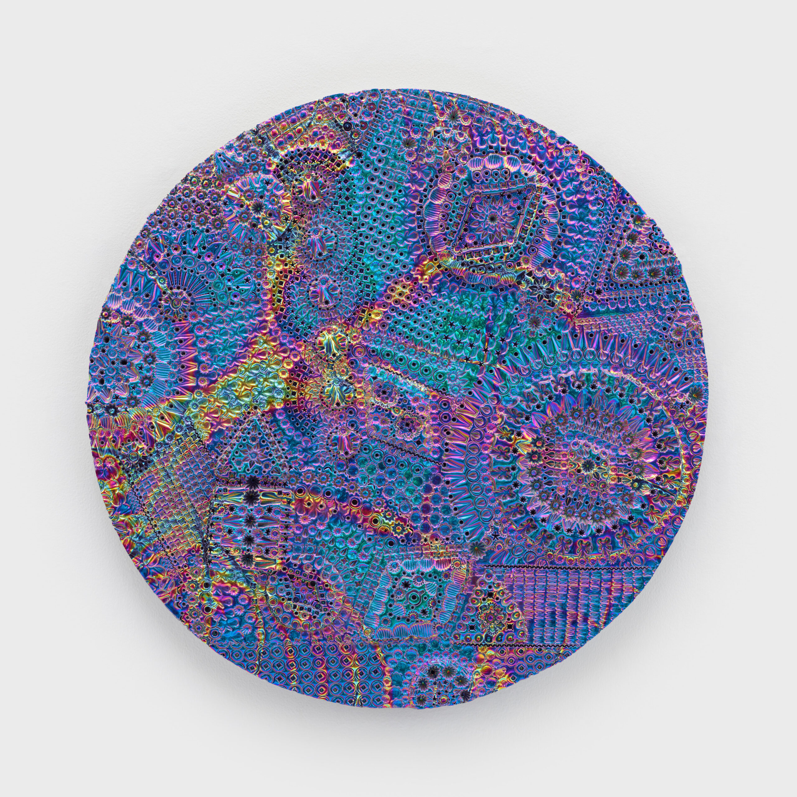 Pae White<br><em>Undustry</em>, 2025<br>Glazed ceramic with PVD<br>23 1/2 x 23 1/2 x 2 inches / 59.7 x 59.7 x 5.1 cm