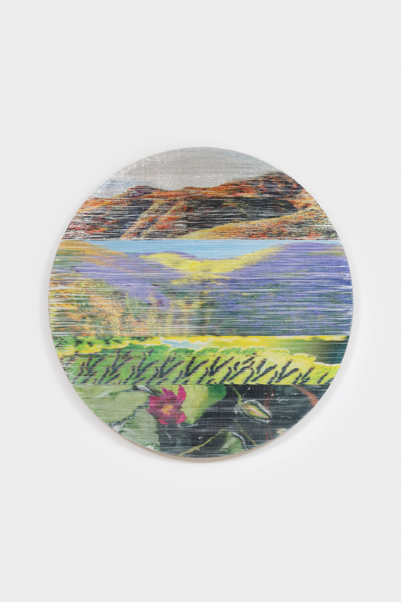 Margo Wolowiec<br><em>Superbloom</em>, 2025<br>Handwoven polymer, linen, sterling silver-leafed thread, dye sublimation ink, mounted on hemp support<br>56 x 56 x 2 inches / 142.2 x 142.2 x 5.1 cm