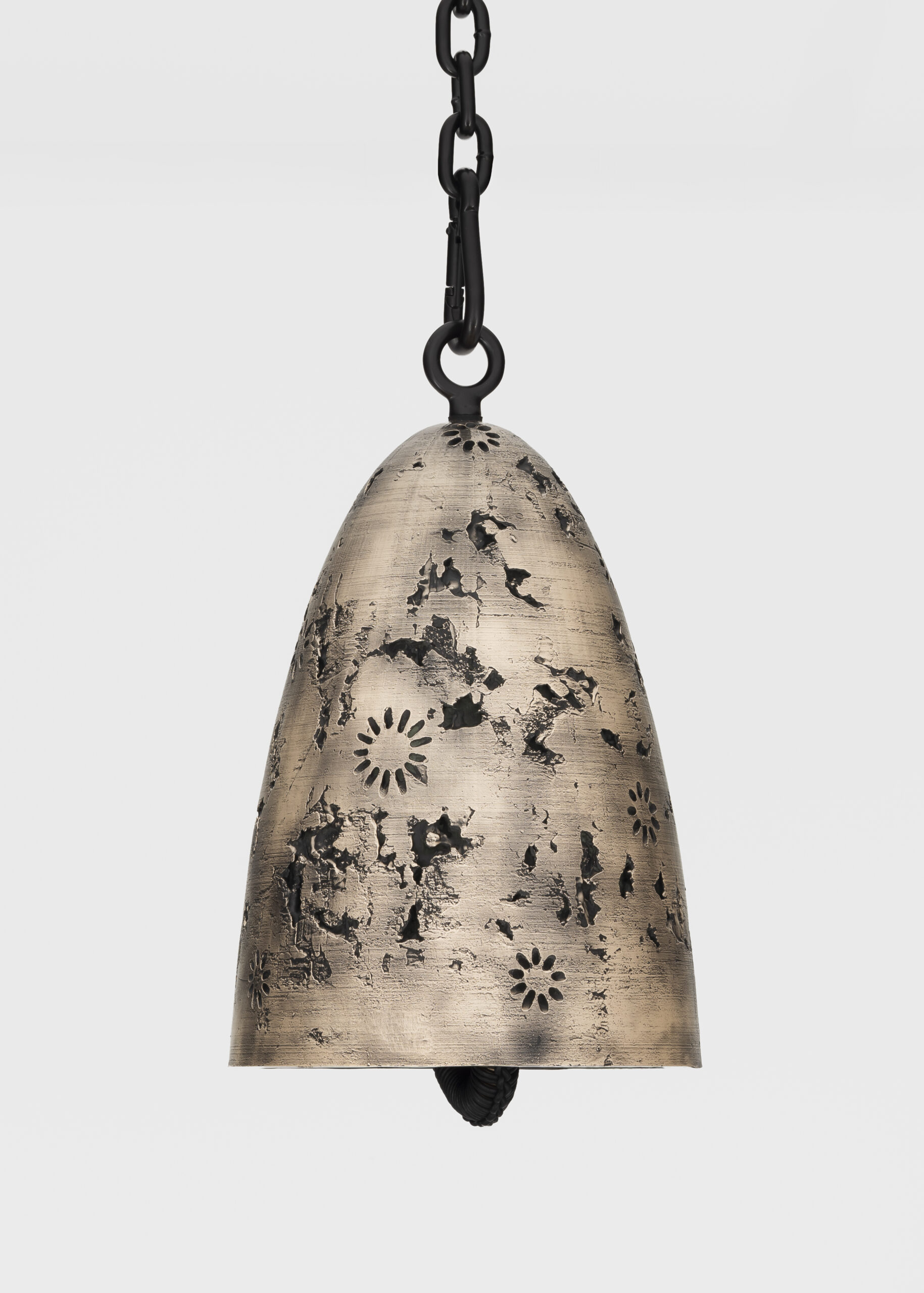 Davina Semo<br><em>Land</em>, 2025<br>Polished and patinated cast bronze bell, leather-wrapped solid bronze clapper, hemp shibari rope, powder-coated stainless steel hardware, powder-coated zinc-plated steel chain<br>15 1/4 x 9 1/2 x 9 1/2 inches / 38.7 x 24.1 x 24.1 cm; Overall dimensions variable