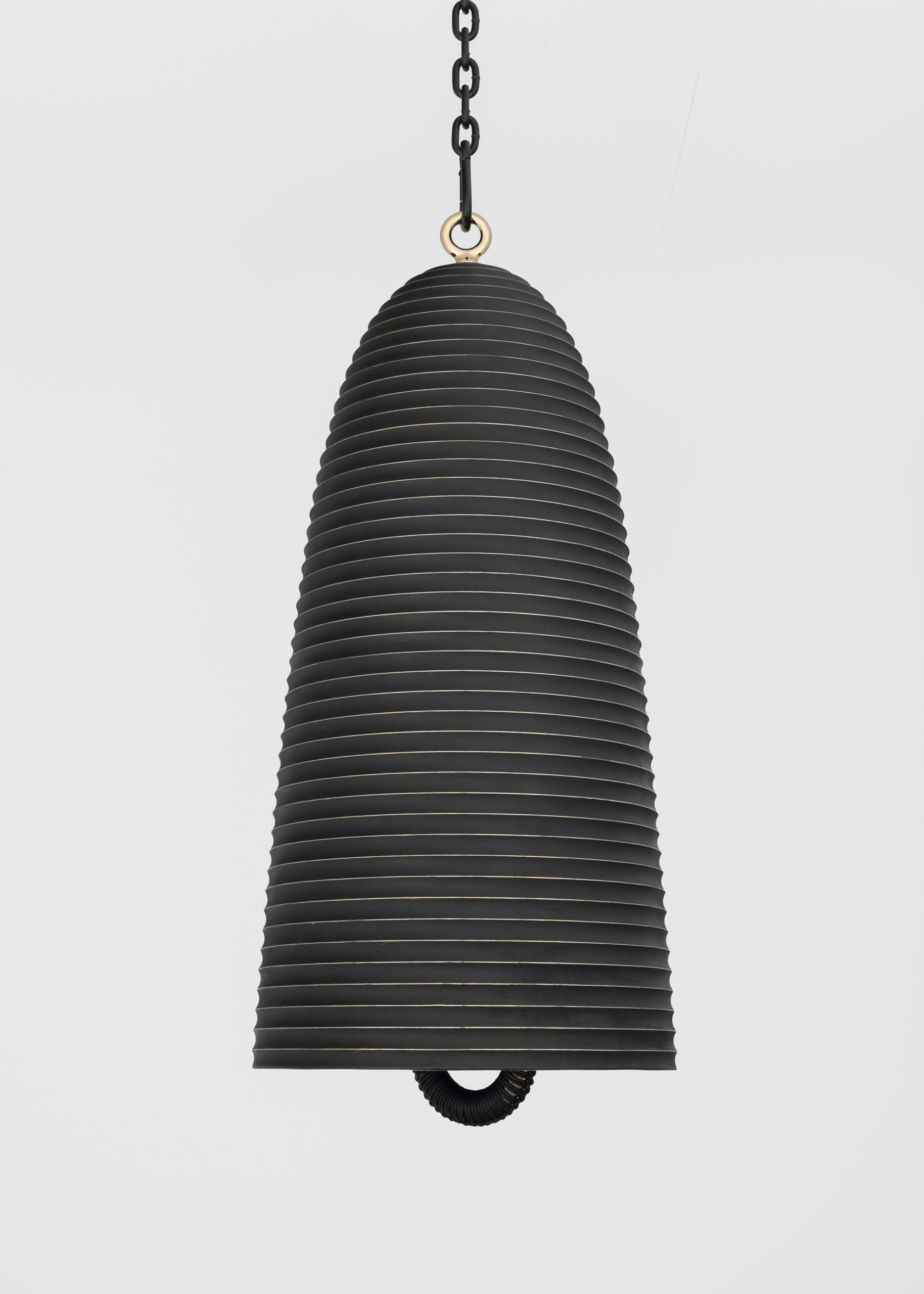 Davina Semo<br><em>Halo</em>, 2025<br>Cast bronze bell, UV protected 3-stage catalyzed urethane automotive finish, leather wrapped polished bronze clapper, hemp shibari rope, polished and plated stainless steel hardware, powder coated stainless steel hardware, powder coated zinc plated steel<br>33 x 16 1/2 x 16 1/2 inches / 83.8 x 41.9 x 41.9 cm; Overall dimensions variable