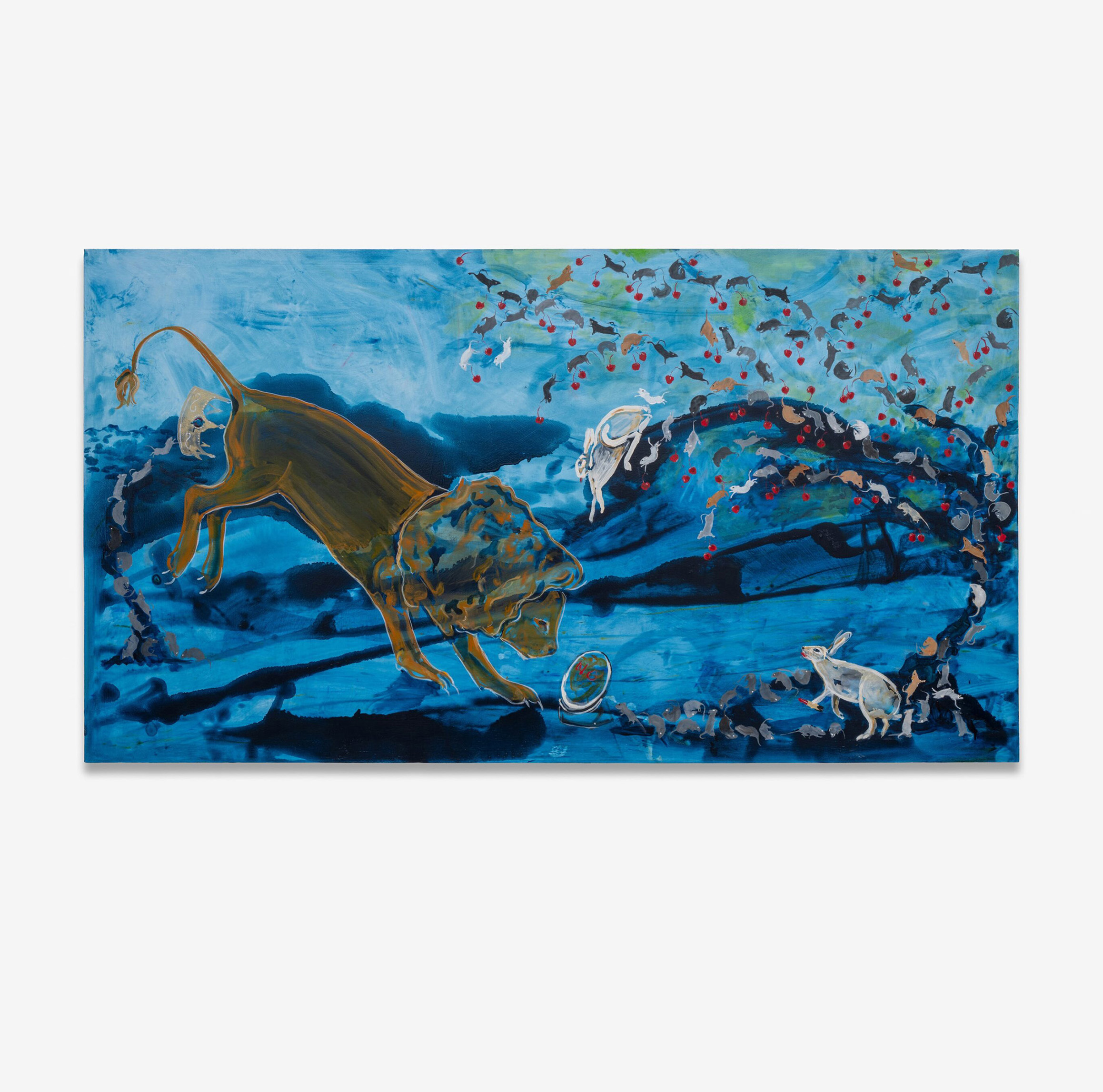 Julie Buffalohead<br><em>How to Say No to a Lion</em>, 2025<br>Oil on canvas<br>46 x 84 inches / 116.8 x 213.4 cm