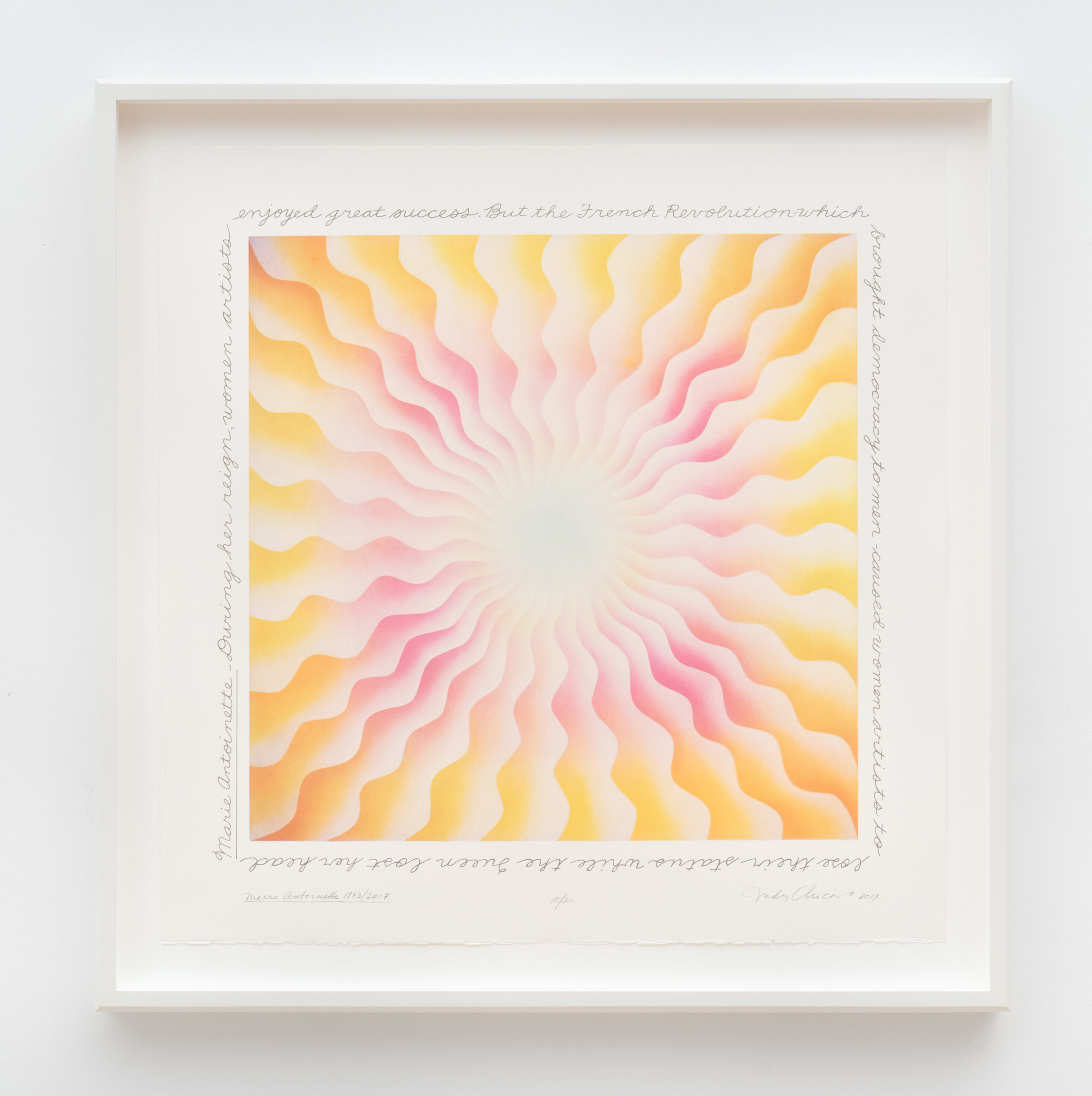 Judy Chicago<br><em>Marie Antoinette</em>, 1973/2017<br>Four color lithograph on cotton paper<br>29 7/8 x 30 3/8 x 2 inches / 75.9 x 77.2 x 5.1 cm