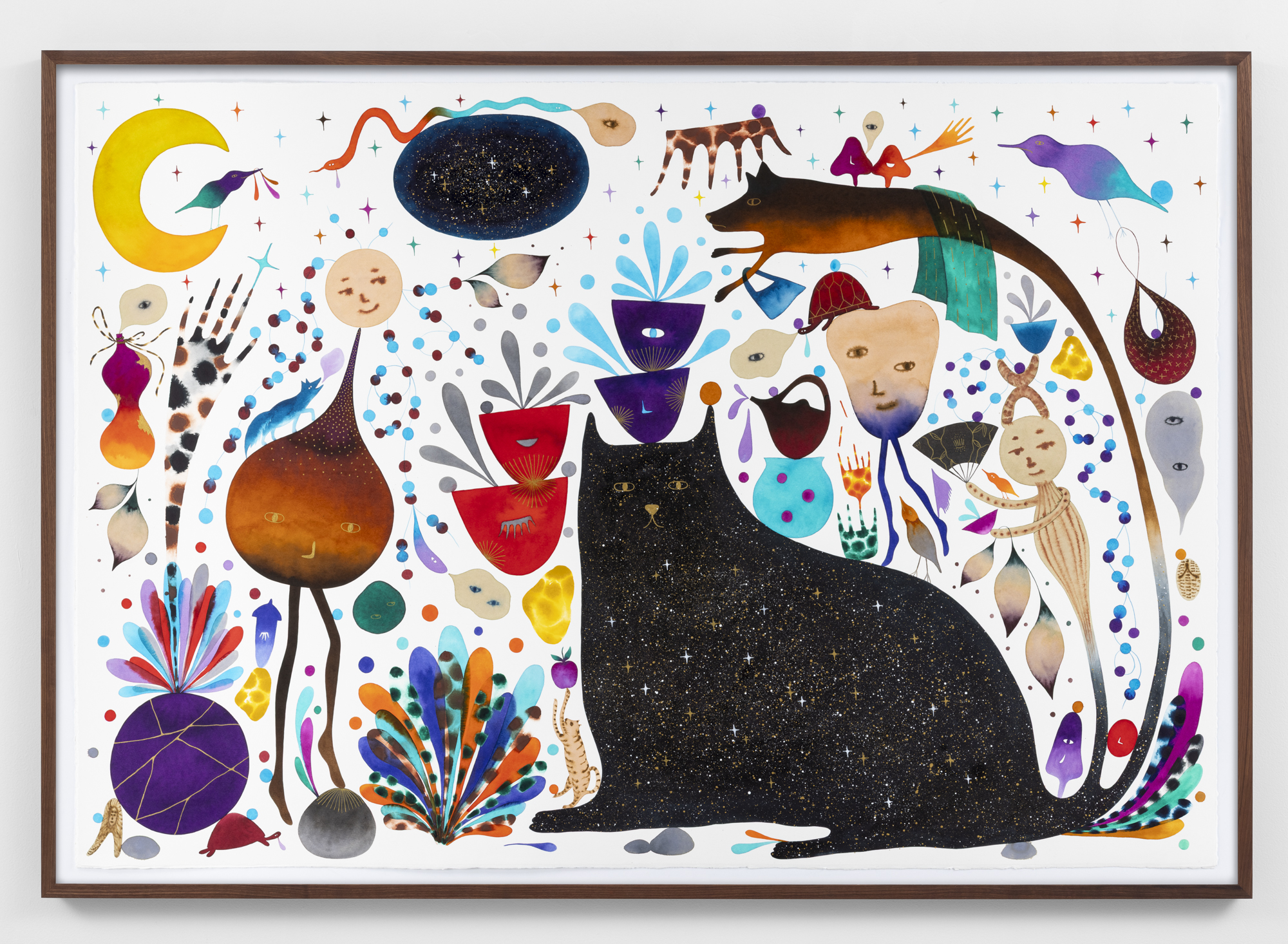 Masako Miki<br><em>Gathering for Midnight Banquet</em>, 2025<br>Watercolor and ink on paper<br>45 x 63 x 2 inches / 114.3 x 160 x 5.1 cm