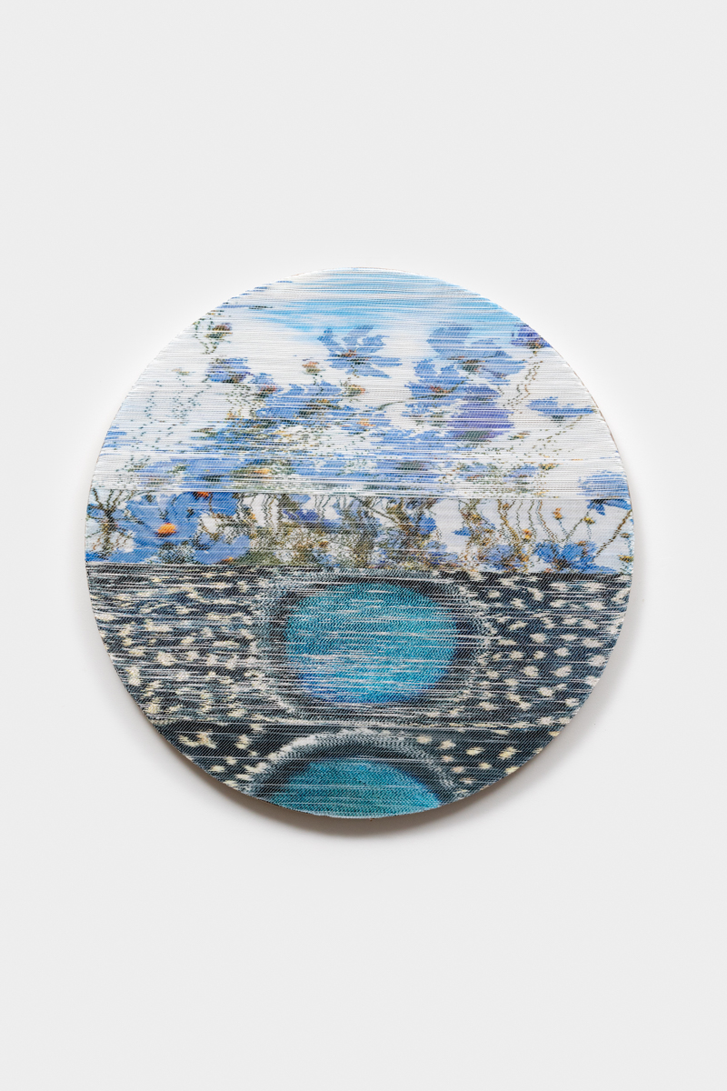 Margo Wolowiec<br><em>Blue Aster</em>, 2025<br>Handwoven polymer, linen and sterling silver leafed threads, dye sublimation ink, mounted on hemp support<br>36 x 36 x 2 inches / 91.4 x 91.4 x 5.1 cm