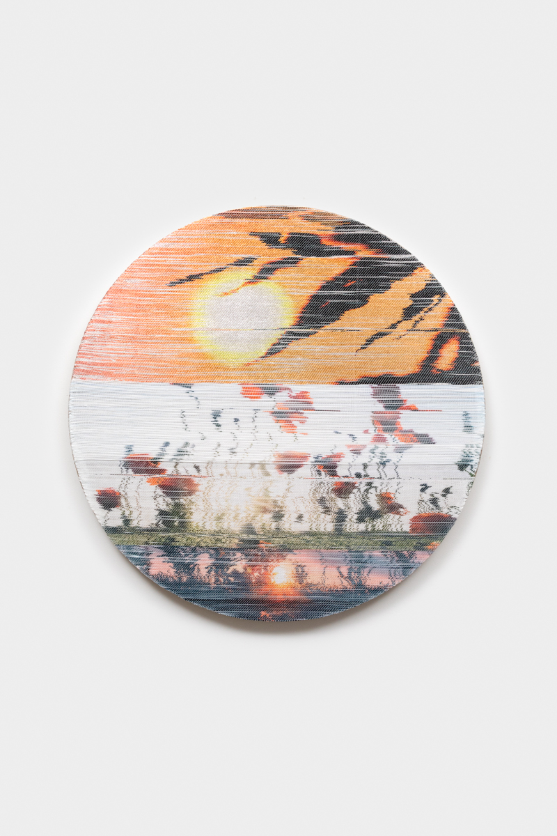 Margo Wolowiec<br><em>Rising Up</em>, 2025<br>Handwoven polymer, linen and sterling silver leafed threads, dye sublimation ink, mounted on hemp support<br>36 x 36 x 2 inches / 91.4 x 91.4 x 5.1 cm