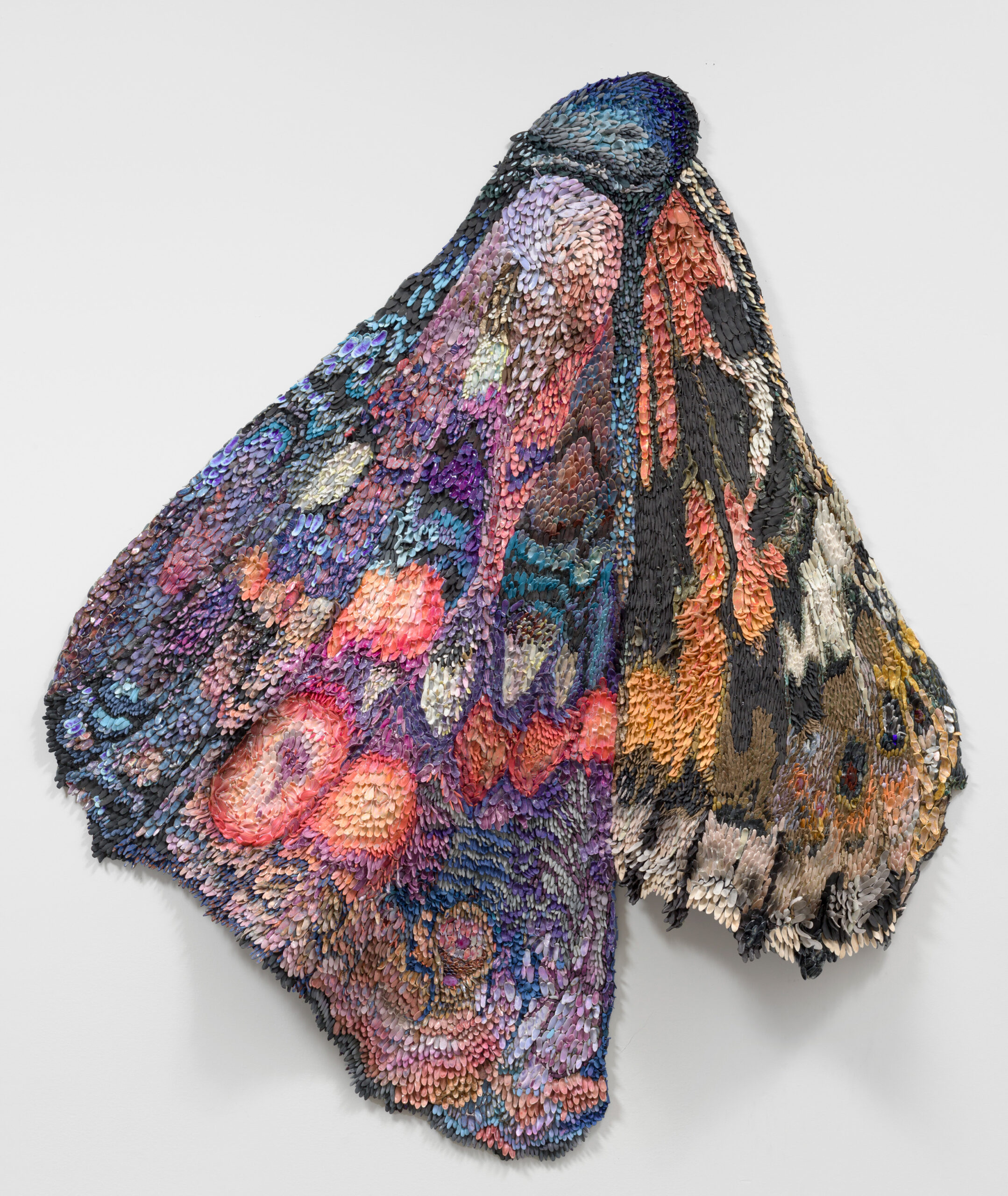Rebecca Manson<br><em>Purple Aurora</em>, 2025<br>Porcelain, glaze, adhesives, canvas, pigment, and hardware<br>70 x 64 x 5 inches / 177.8 x 162.6 x 12.7 cm