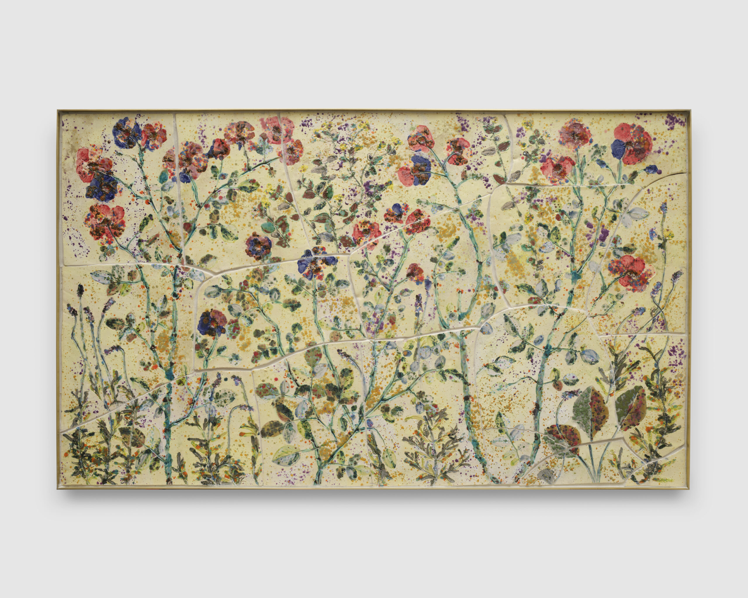 Sam Falls<br><em>Golden Hours</em>, 2025<br>Glazed ceramic, glass, and brass frame<br>34 1/2 x 57 5/8 x 2 inches / 87.6 x 146.4 x 5.1 cm